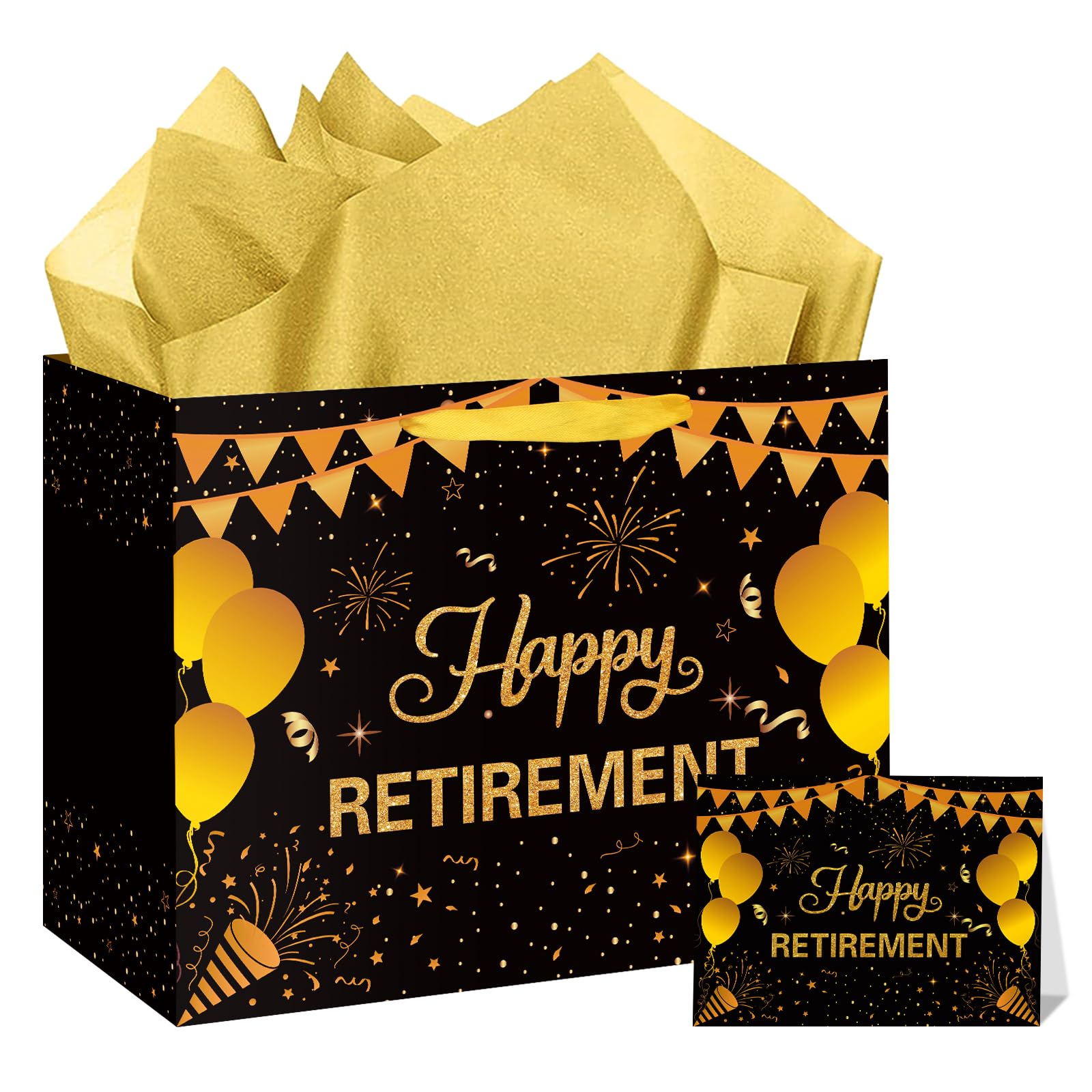 Hooqict Large Retirement Gift Bag Black Gold Happy Retirement Party Gift Bag with Handles, Wrapping Paper, Greeting Card for Men Women Coworker Teacher Farewell Going Away Party Favors