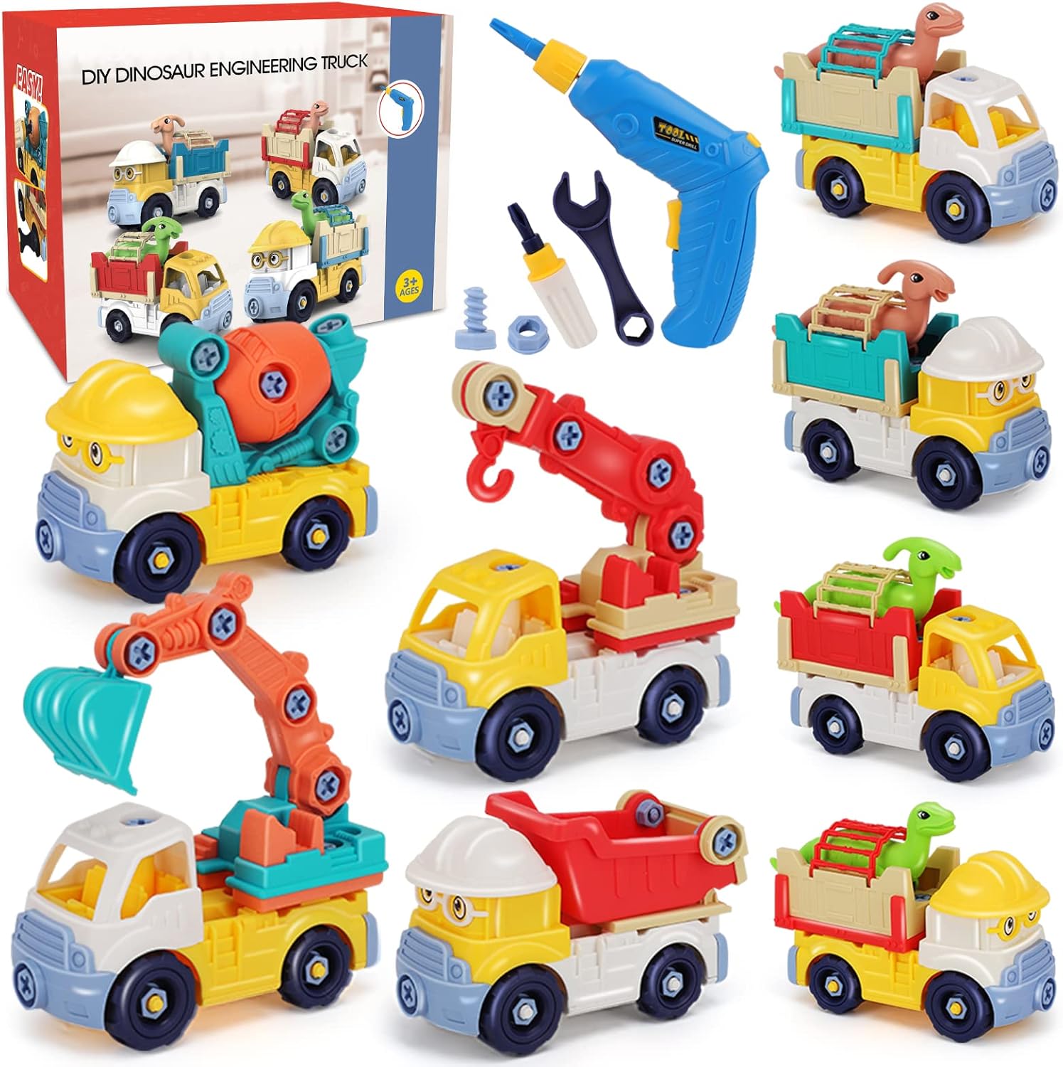 Vehículos de Juguete para Niños,Coche de Juguete de Dinosaurio para Niños para Montar y Desmontar,Camión de Juguete para con Taladro Electrico Excavador Cemento Grúa Mezcladora Compuerta