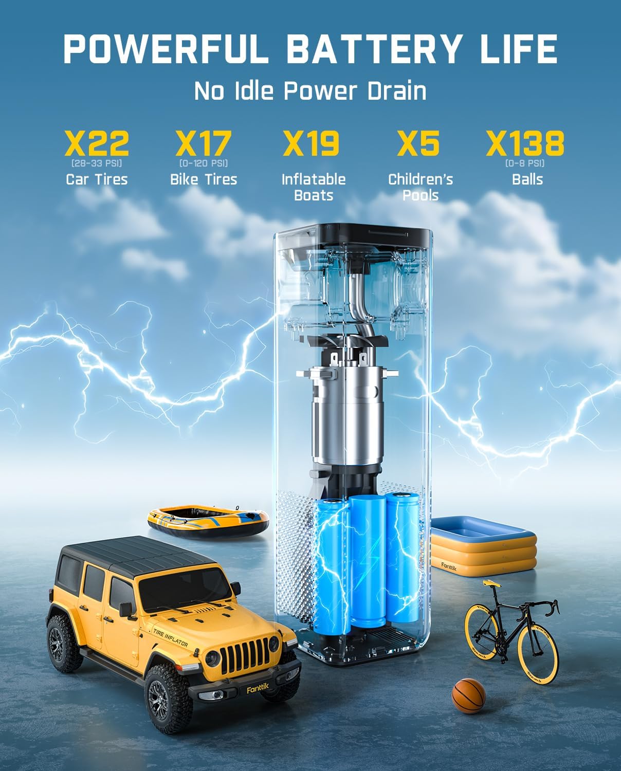 Fanttik X10 Cross Tire Inflator Portable Air Compressor, Fast Inflation/Deflation Air pump, 150PSI Cordless Inflator with Light and Power Bank, Ideal for Car, Bike, Air Mattress, Kayak, Swimming Ring - Image 6