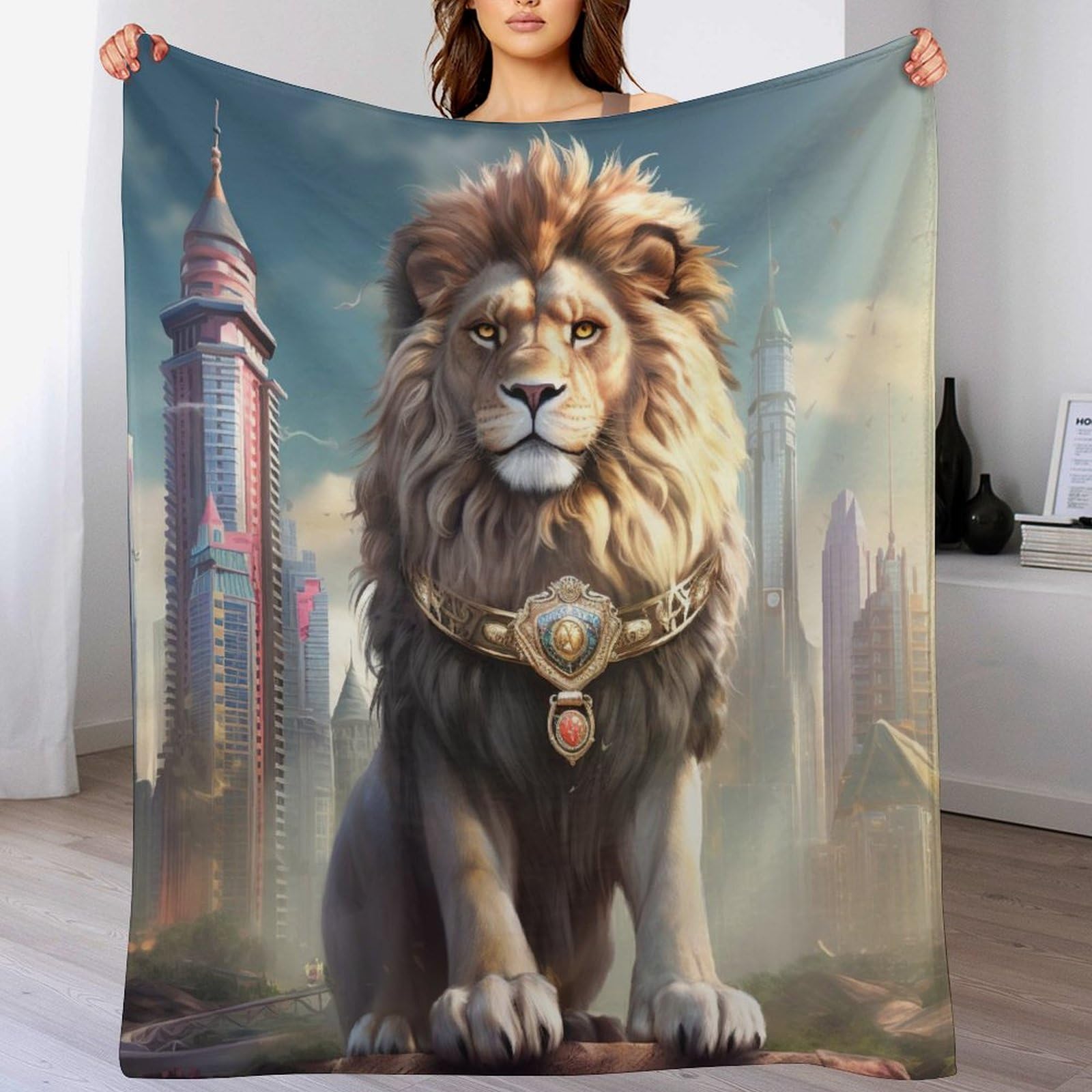 Couverture polaire 130x180cm lion, jet de lit chaud et tapis douillet en flanelle pour salon