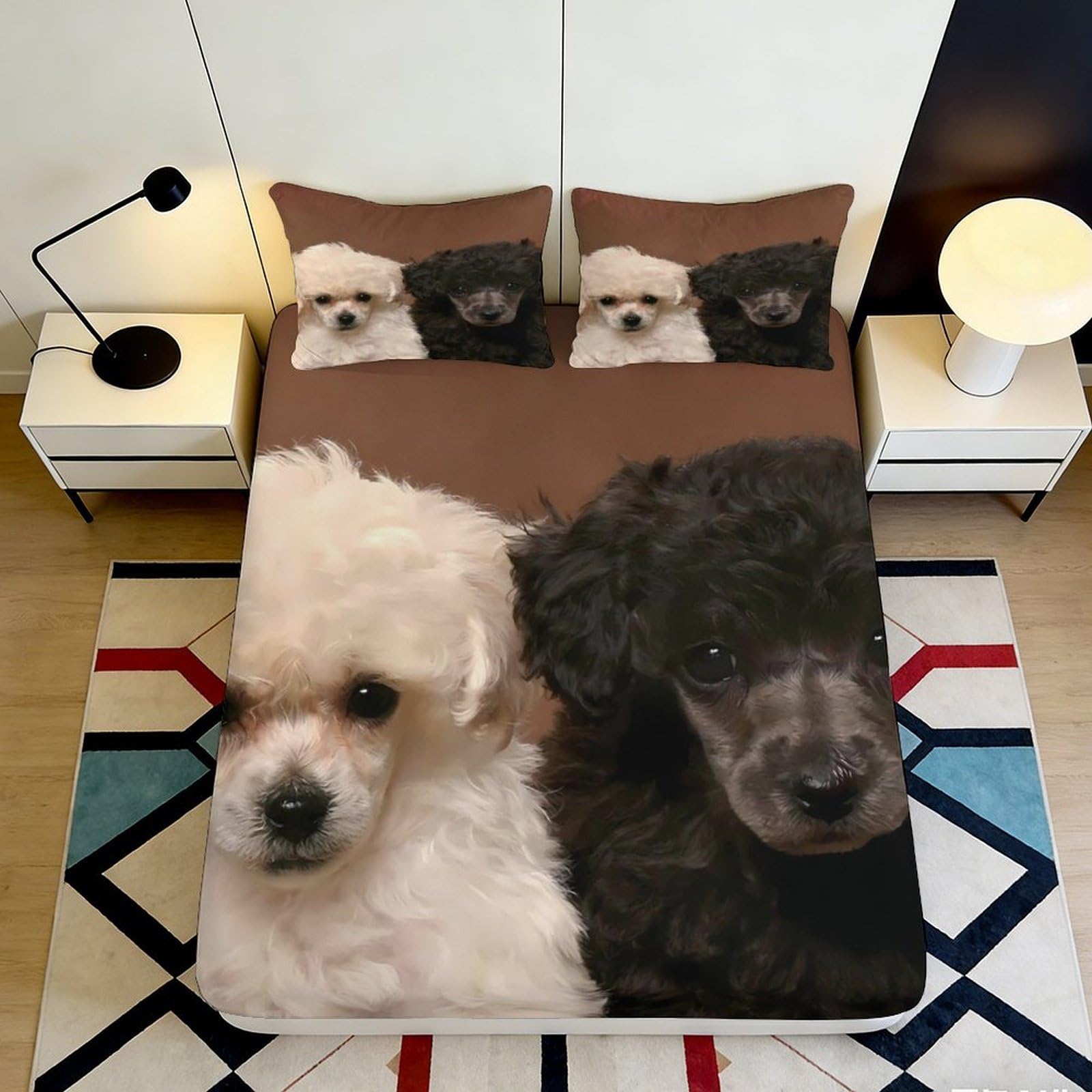 3D Printed Cute White Poodle Fitted Sheet Microfiber Black Dog Mattress Cover for Bedroom Decor Dorm Guest Room 90x200x25cm