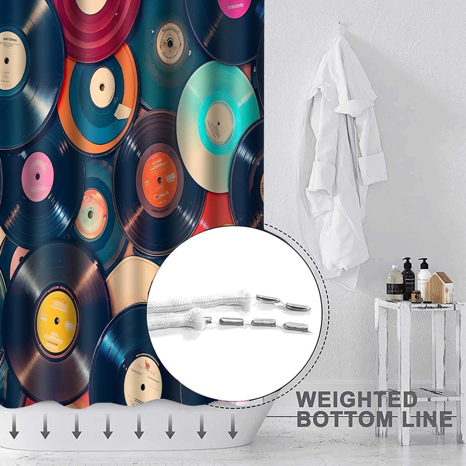 Retro Music Shower Curtain 72x72inch Music Records Bathroom Shower Curtains, Musicial Disc Album Bathroom Bathtubs Decor Set with 12 Hooks YLOKTP0444