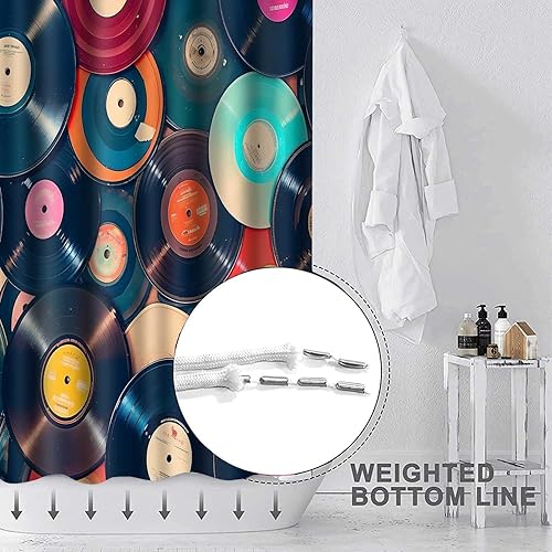 Miniatura 7 de YLOKTP0444 - Cortina de ducha con música retro, 72 x 72 pulgadas, discos musicales, álbum de baño, bañeras, juego de decoración con 12 ganchos