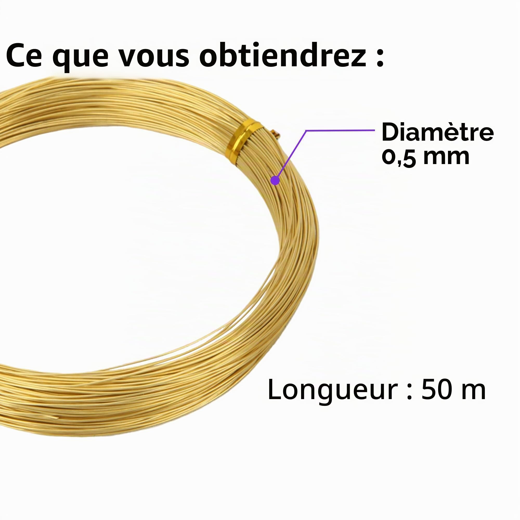 Fil en laiton - Diamètre : 0,5 mm - Diamètre du fil : 0,5 mm - Longueur : 50 m