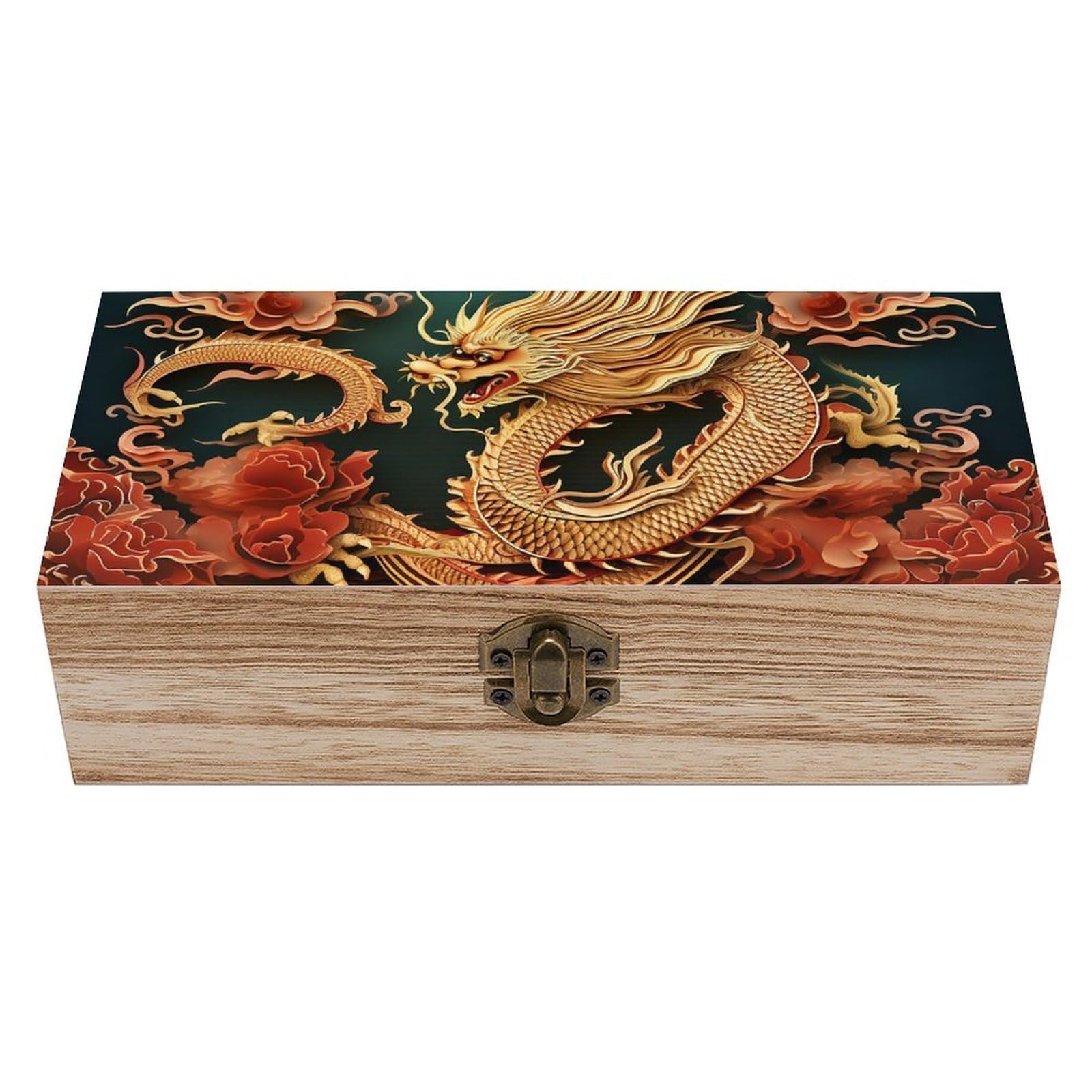 FekiLoot Dragon Chinese Background Wooden Keepsake Box Decorative Wood Storage Organizer with Hinged Lid Large Handmade Boxes Wedding Memory Treasure Box for Jewelry Photos Stamps Crafts