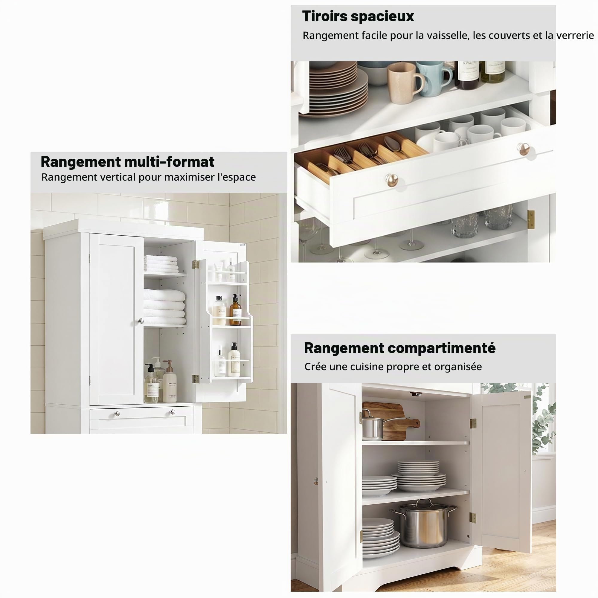 Meuble Cuisine, Buffet Haut Cuisine, Meuble Rangement avec 1 Tiroir et 4 Portes, Garde-Manger Moderne 76x40x182 cm – Panneau de Particules + MDF, pour Cuisine, Salle à Manger ou Salon, Blanc