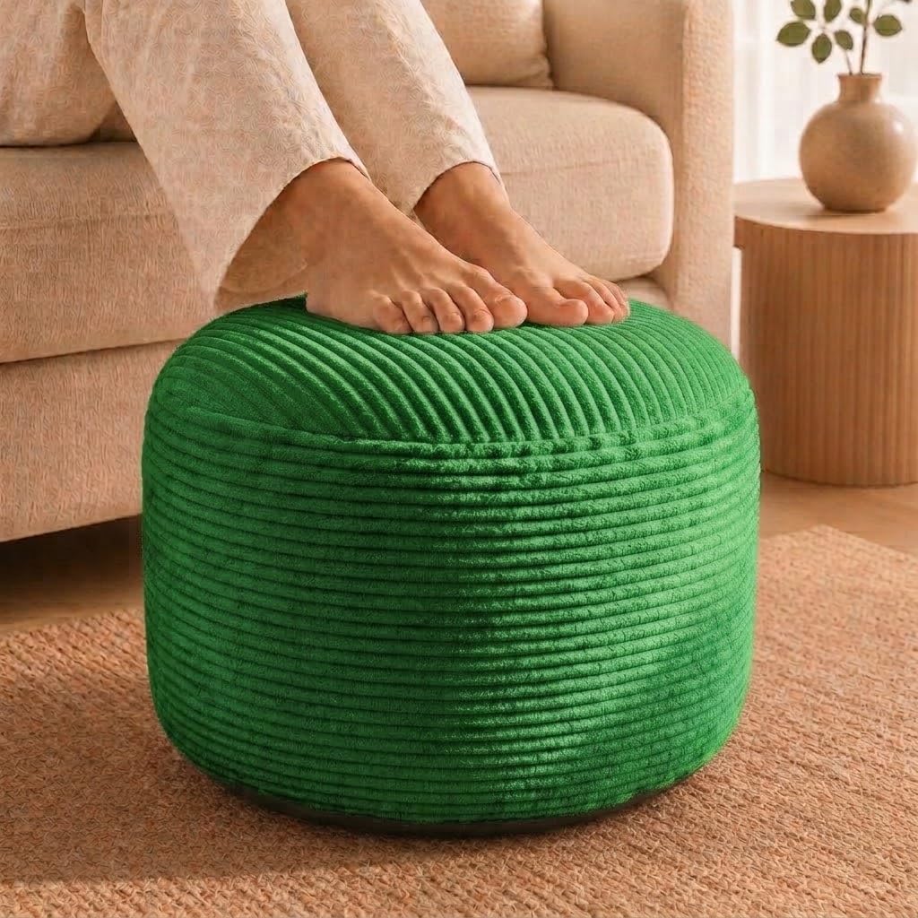 Stuffed Pouf Ottoman,Corduroy Foot Rest,Grass Green,20 Inch