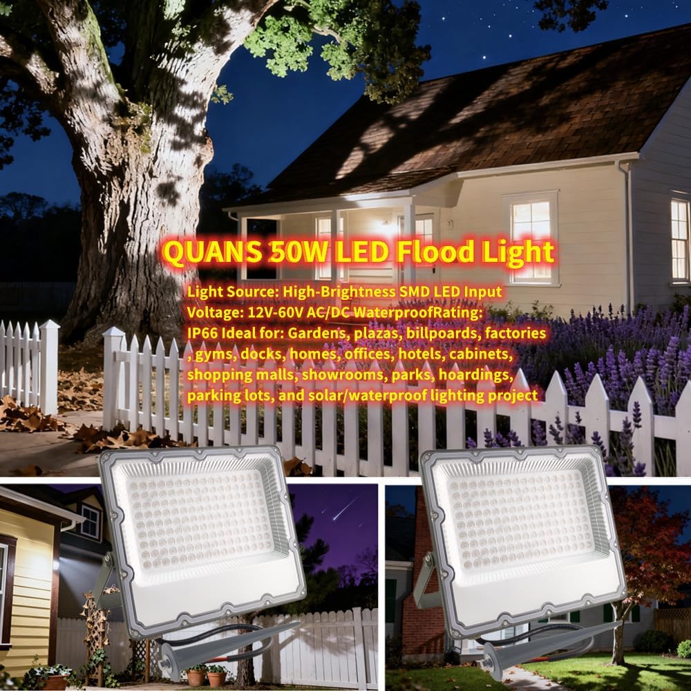 QUANS 2-Pack 50W LED Flood Lights Cool White 6000K, 12V-60V DC AC Low Voltage Waterproof Outdoor Lighting for Garden, Pathway, Security with Stake Stakes