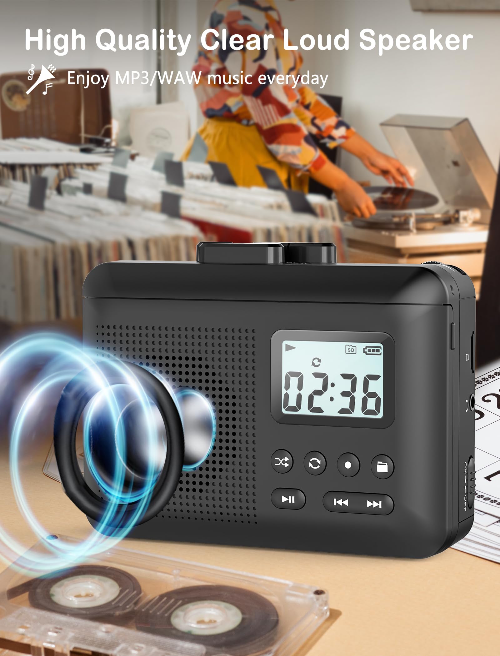 Tragbarer Kassettenspieler, Kassette zu MP3 über SD-Karte, Walkman-Kassettenspieler mit 1000 mAh Akku, eingebautem Mikrofon und Lautsprecher, Kopfhöreranschluss, 16 GB SD-Karte (schwarz)