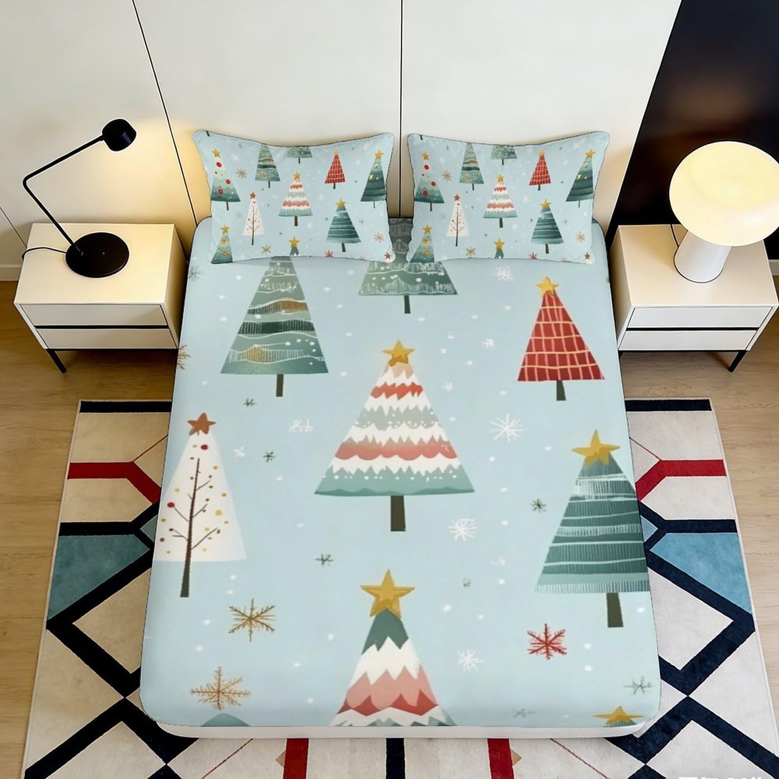 Festive Decor 3D Printed Fitted Sheet Christmas Tree Pattern Microfiber Soft Touch Easy Care Home Bedroom Guest Bed Cover 90x200x25cm
