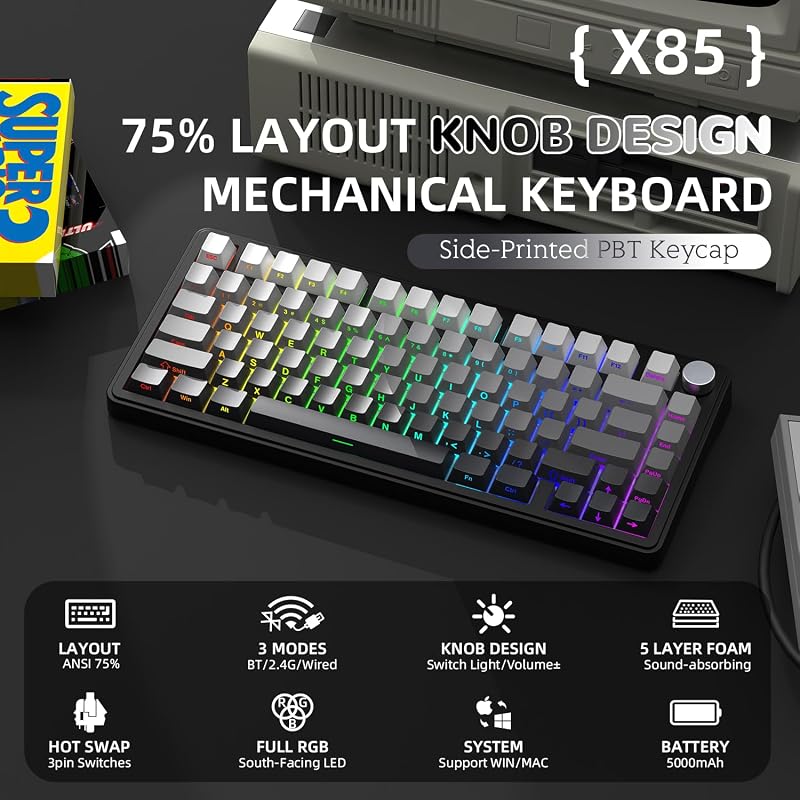 AJAZZ x Attack Shark X85 Mechanikus Gamer Billentyűzet, 75% Vezeték Nélküli, 5 Rétegű Hangtompítás, PBT Billentyűk, RGB, Hot-Swap, PC/Mac