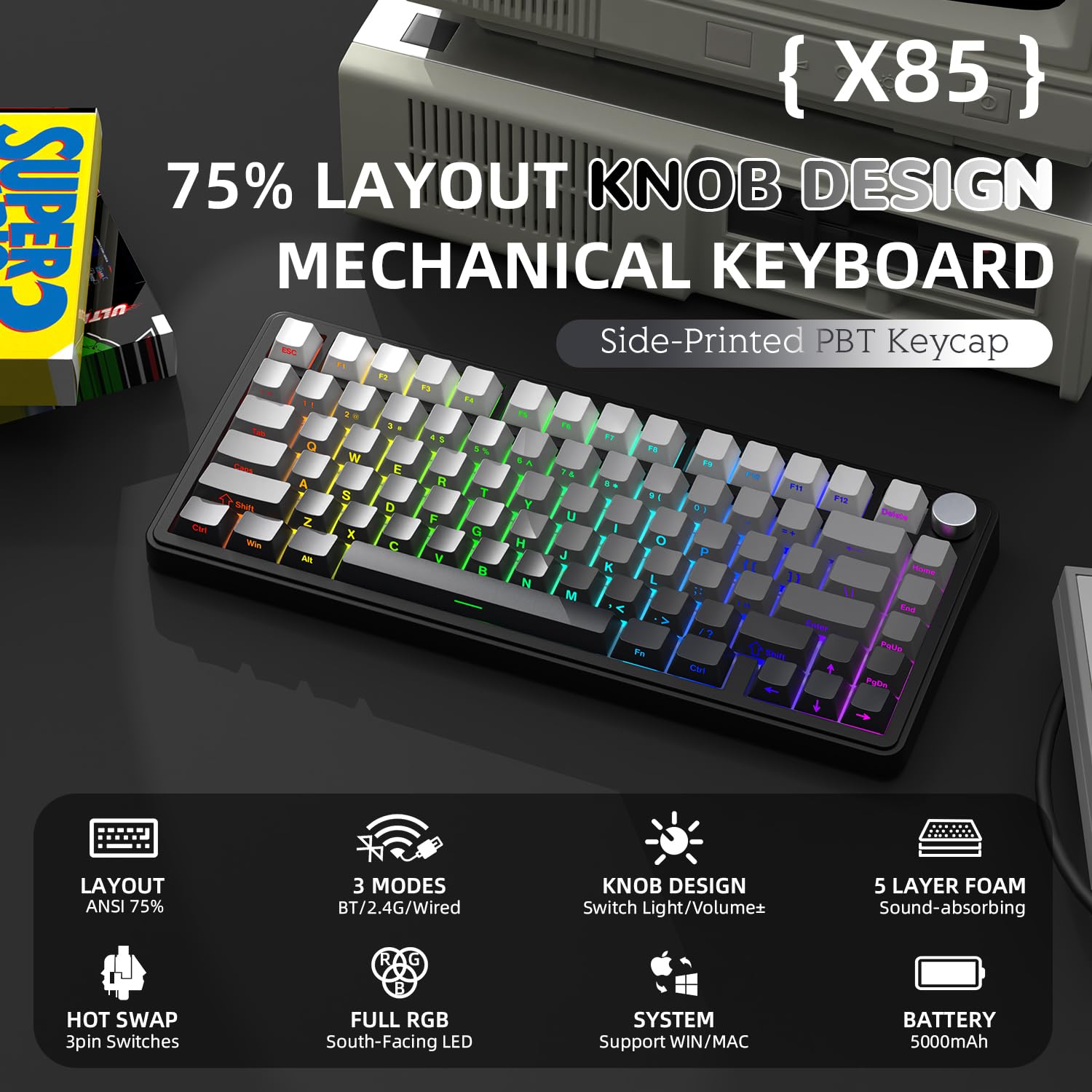 A.JAZZ x ATTACK SHARK X85 Klawiatura Mechaniczna z Uszczelką,Bezprzewodowa Klawiatura do Gier 75% z Knob,5-Layer Padding,PBT Side-Printed Keycap,BT/2.4 Ghz/USB-C,Hot-Swap Linear Switch,RGB,na PC,MAC