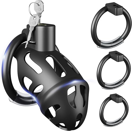 Jaula de castidad masculina - Dispositivo de castidad grande con 3 tamaños de anillo, bloqueo invisible y 2 llaves, jaula ligera para hombres,