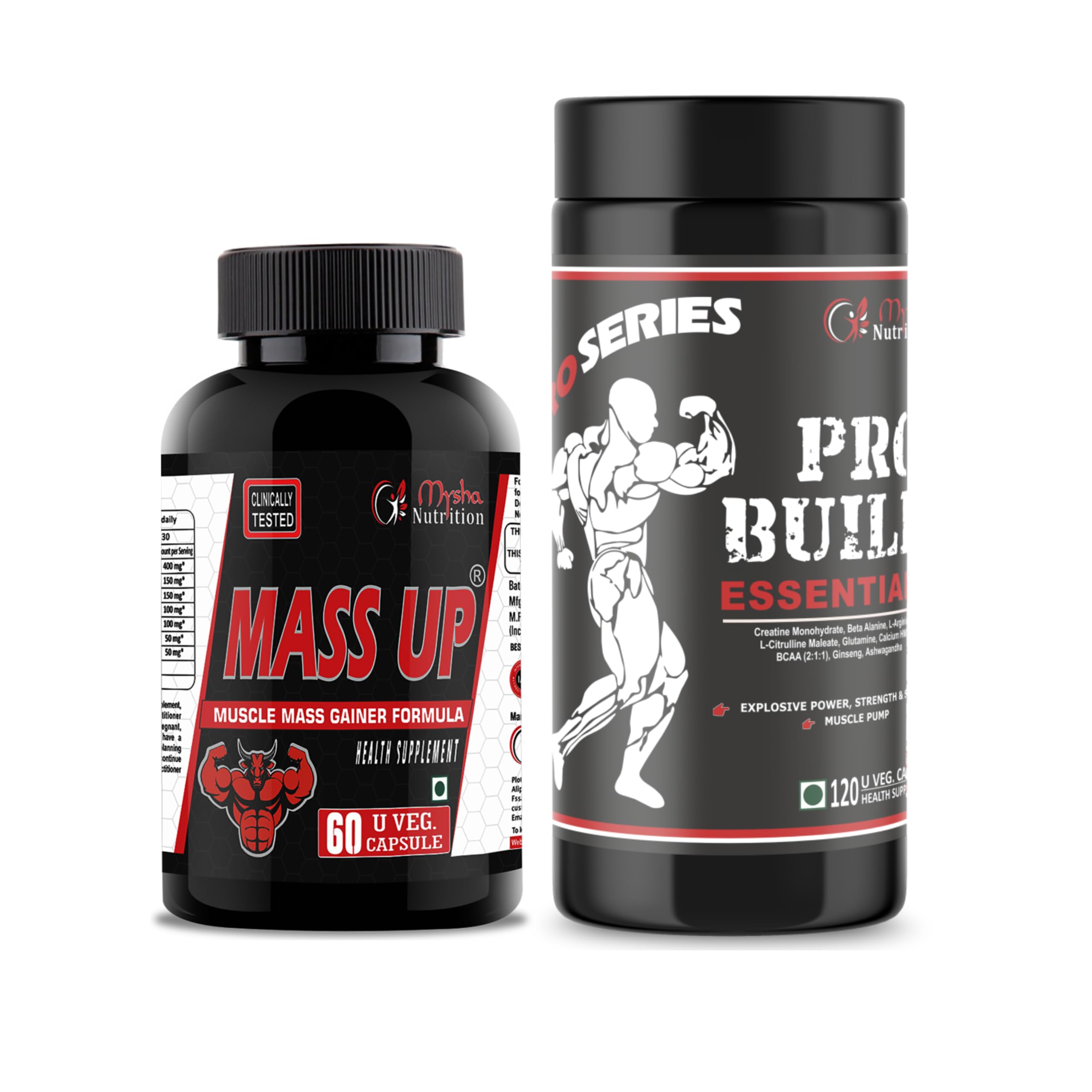 Mysha Nutrition Mass UP & Pro Build Combo for Power, Stamina & Muscle Pump with Mass Gainer, 60 Capsules Mass Up & 120 Capsules of ProBuild, Pack of 1 bottle each (B0CC9L67VQ) Amazon Price History, Amazon Price Tracker