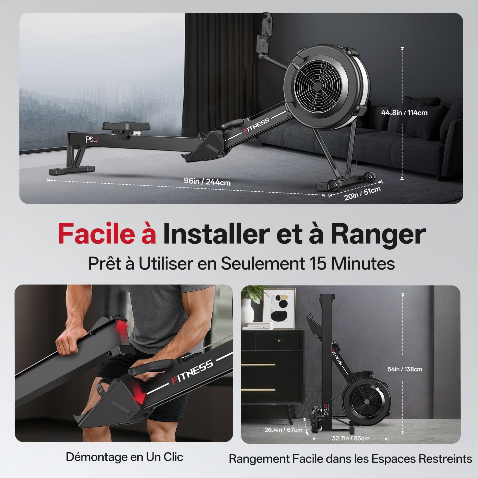 PASYOU Rameur d'appartement à Résistance Aérienne pour La Maison avec Kinomap APP, Rameur Professionnel Musculation pour Intérieur avec Écran Intelligent, Capacité de Poids 150 KG, Stockage Facile