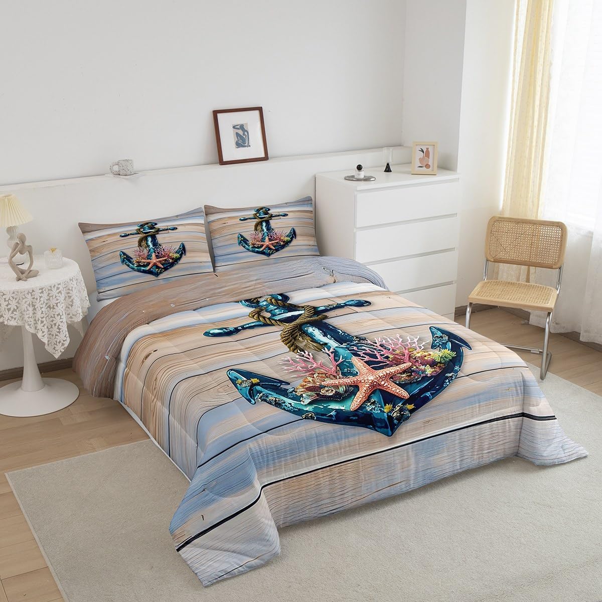 Erosebridal Vintage Wooden Barn Plank Comforter Set for Men Women,Romantic Anchor Rope Bedding Set,Tropical Coral Starfish Bedding Comforter Sets,Nautical Ocean Duvet Insert with 2 Pillowcases,Queen