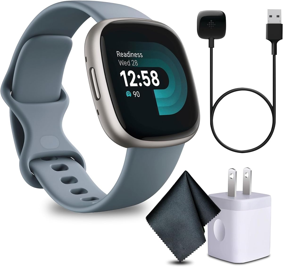 Fitbit Versa 4 Fitness Smartwatch with Daily Readiness, GPS, 24/7 Heart Rate, 40+ Exercise Modes, Fit Bit Smart Watch for Men and Women, Waterfall Blue/Platinum Bundle with Cleaning Cloth and Charger : Electronics