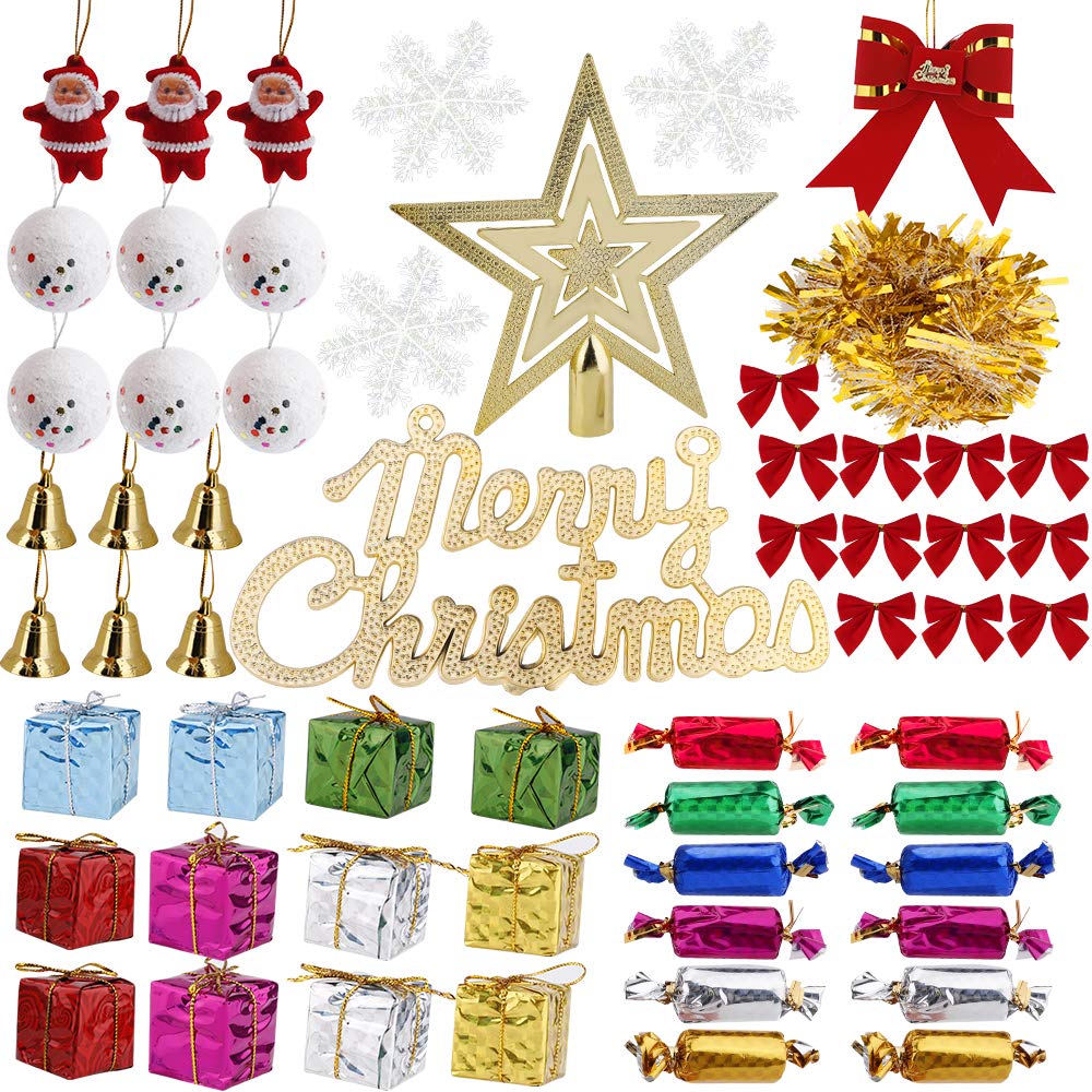 Christmas Tree Decorations, HICOO Tree Top Star Bows Candy Small Bell Gift Boxes Garland Snowflake Snowball 58pcs