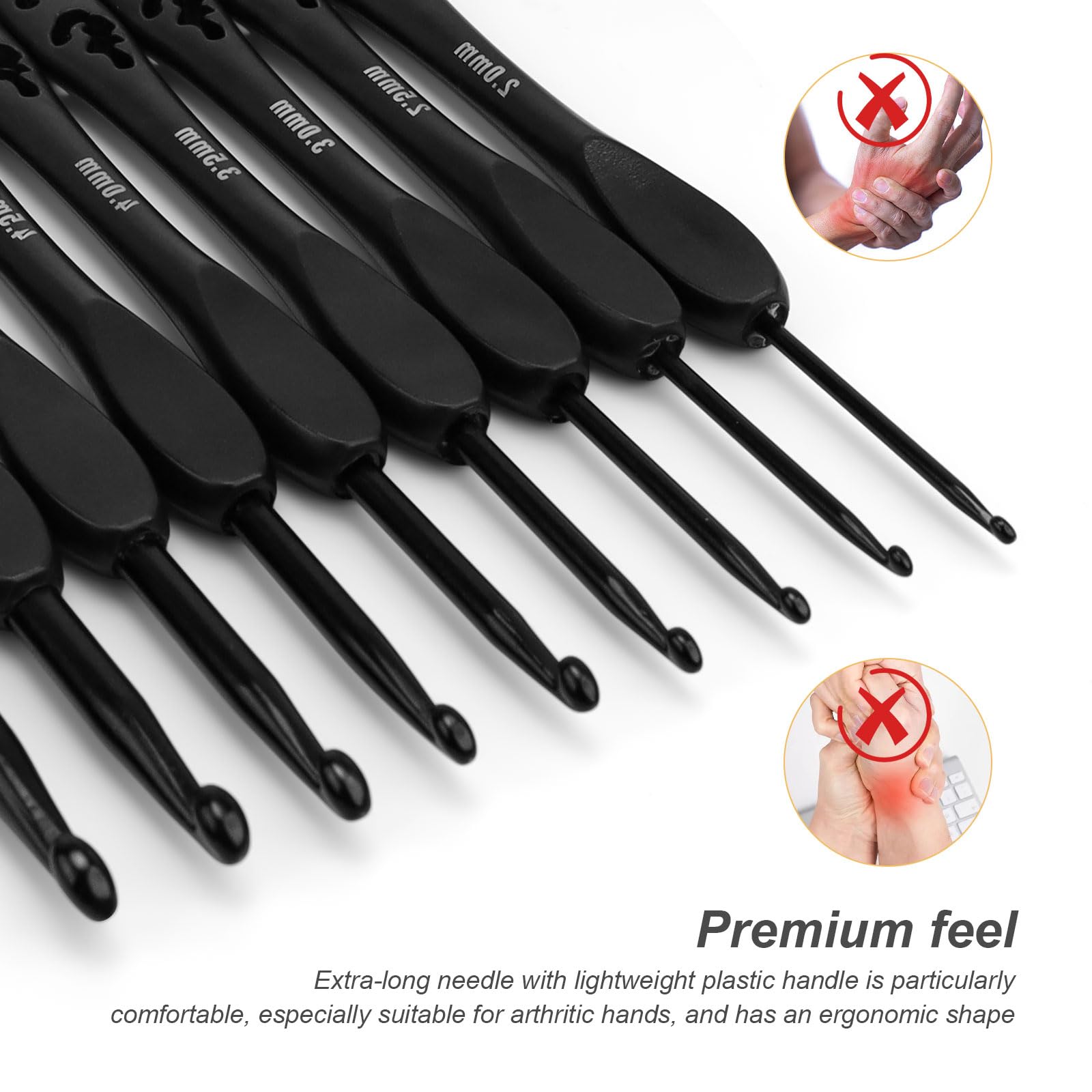 Kit Crochet 9 Pièces Ergonomique Noir Mat - Tailles Multiples Pour Débutants Et Arthritiques
