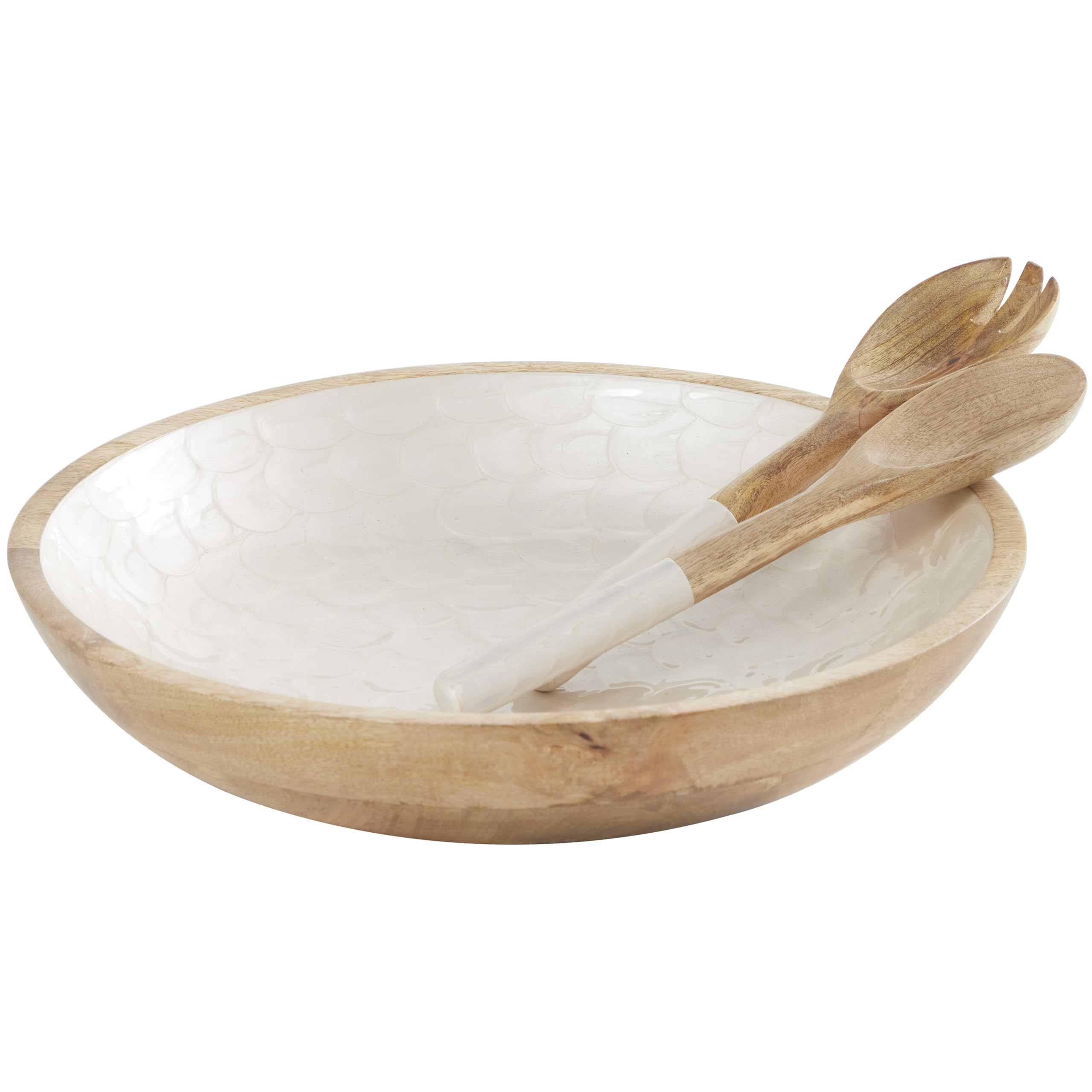 Deco 79 Mango Wood Handmade Decorative Bowl with Matching Salad Serving Utensils, Set of 3 15