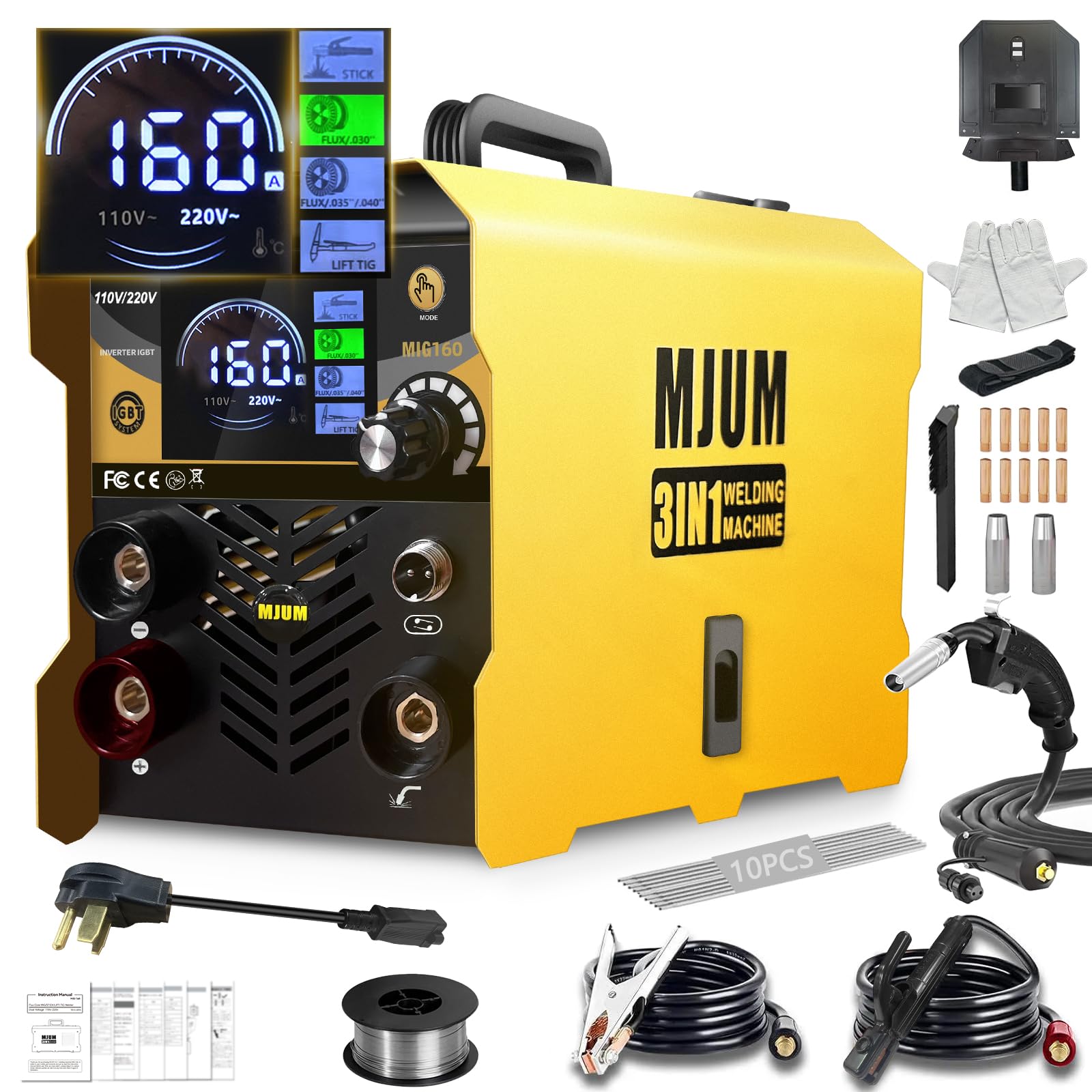 MIG Welder Portable Welding Machine: 160A 110V/220V Dual Voltage 3-in-1 Flux Core Mig/Stick/Lift TIG Welding Set for Beginner - Indoor Outdoor Welders with IGBT Inverter Synergic Control LED Digital