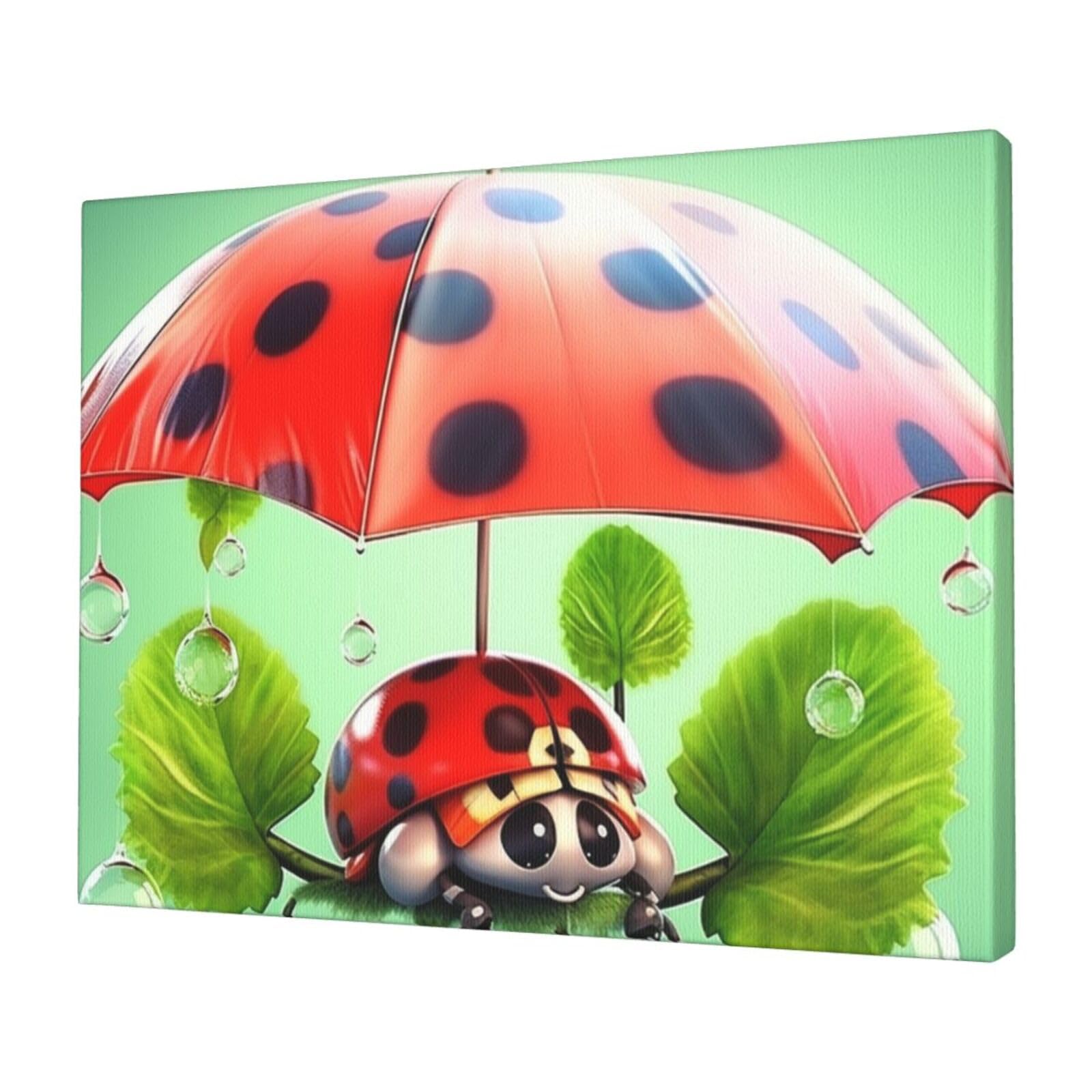 Canvas Wall Art for Living Room Wall Decor 12"x16" Modern Artwork Painting Pictures Hanging Canvas Prints Funny Ladybug Holding Umbrellas Aesthetic Wall Art for Bedroom Bathroom Office Wallart Decor