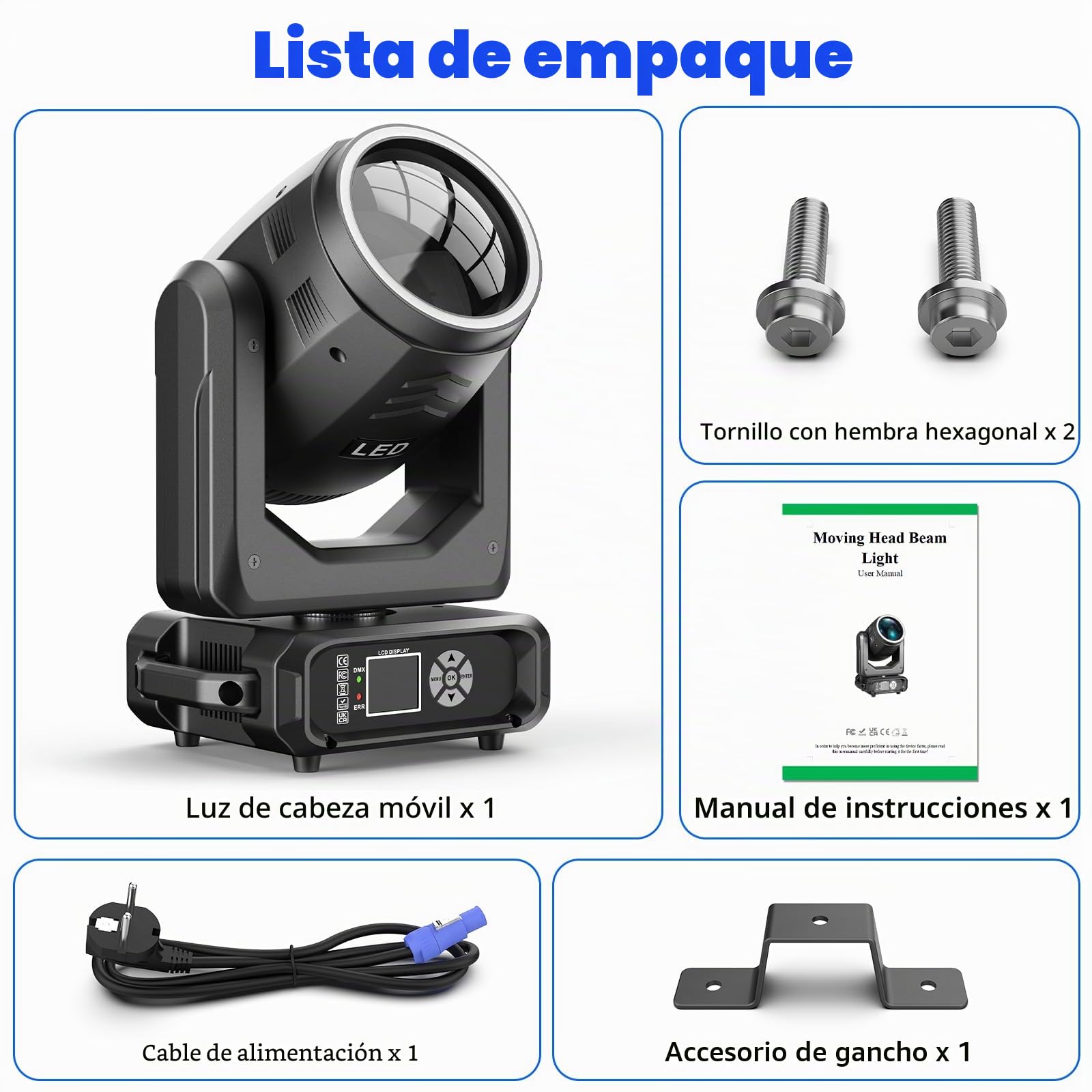2 unidades 200W Cabeza Móvil LED Luces DJ Zoom, 18 prismas iluminación de escenario, DMX-512 estroboscópico activado por sonido, iluminación de disco DJ para fiesta, boda, Halloween, Navidad