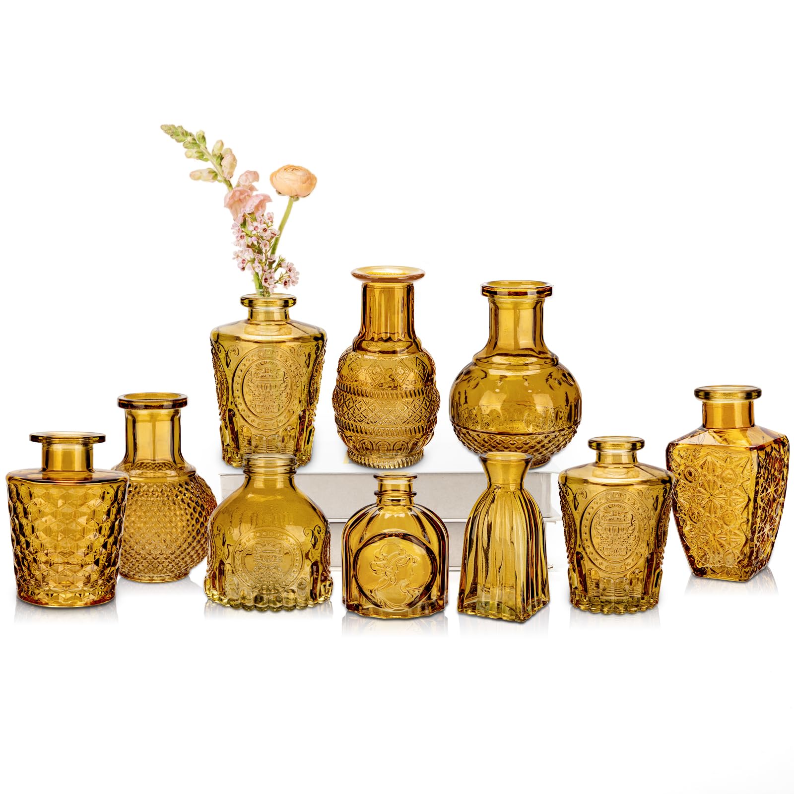 Oairse Juego de 10 jarrones pequeños de cristal, estilo vintage, decoración de flores, para decoración de mesa, centros de mesa, decoración de boda, flores, salón, baño, día de la madre, color ámbar