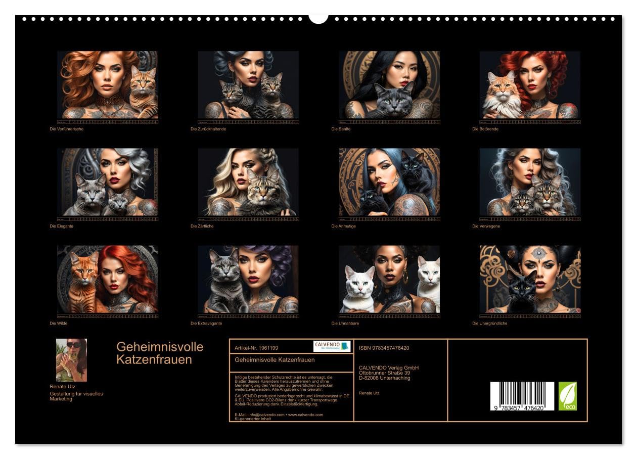 Geheimnisvolle Katzenfrauen (hochwertiger Premium Wandkalender 2026 DIN A2 quer), Kunstdruck in Hochglanz: Zauberhafte Porträts anmutiger Samtpfoten ... verführerischen Gefährtinnen (CALVENDO Tiere)