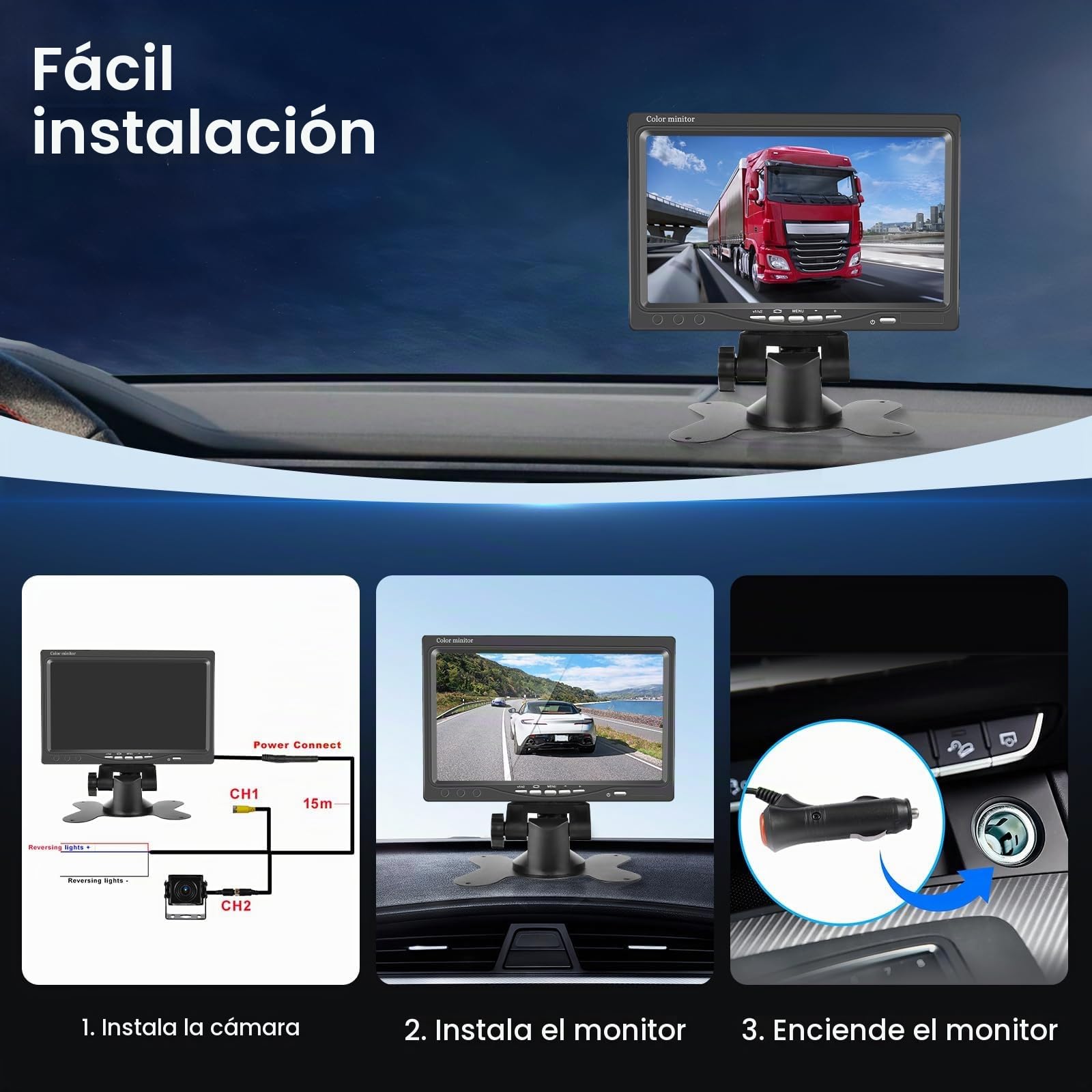 VECHTE Cámara de Marcha Atrás y 7 Pulgadas LCD HD Monitor IP68 Impermeable Visión Nocturna Camara de Visión Trasera para Camiónes, Autobuses, Coches, RV, Caravanas, Furgonetas+15m Cable, 12V-24V