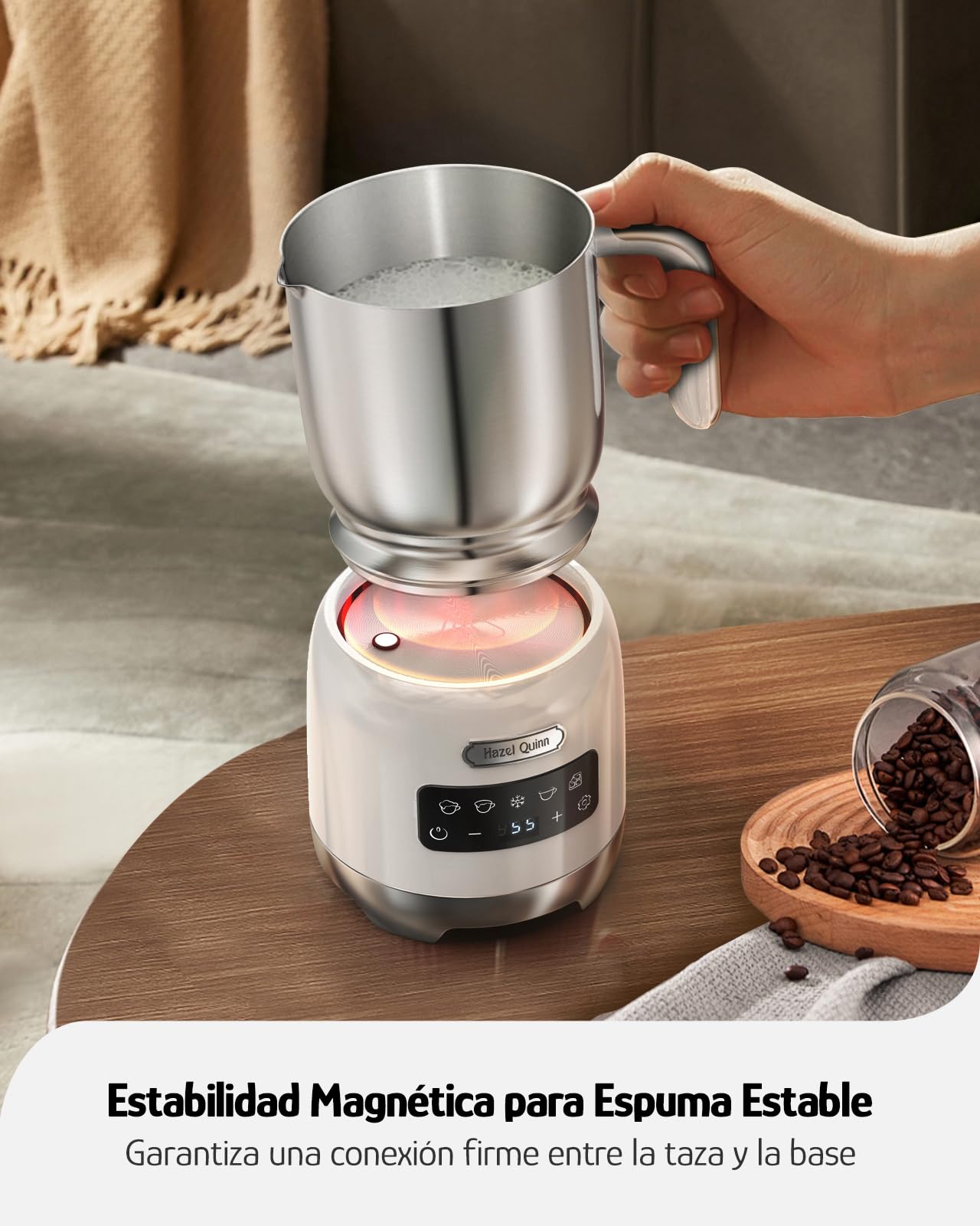 Hazel Quinn Espumador de Leche Eléctrico 5 en 1, Acero Inoxidable y Pantalla Táctil LED, Regulación de Temperatura, Espuma de Leche Fría y Caliente, Lavable en Lavavajillas, 400 ML, Blanco