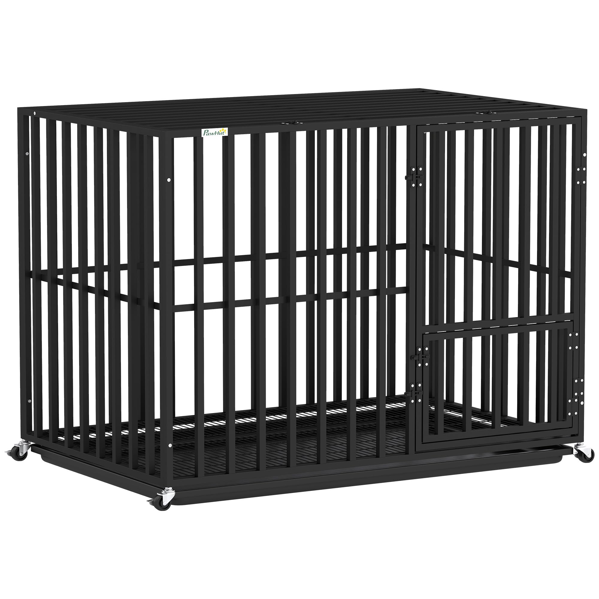 PawHut Heavy Duty Dog Crate, Dog Cage with Wheels for Medium Large Breeds, Metal Pet Crate with Removable Tray and 3 Doors for Indoor & Outdoor, 107 x 69 x 81 cm, Black