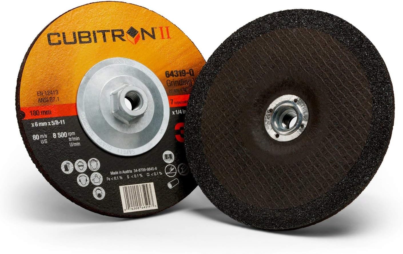 3M Cubitron II Depressed Center Grinding Wheel T27 Quick Change, Ceramic Grain, 7" Diameter x 0.25" Thick, 36 Grit, 5/8"-11 Arbor (Pack of 1)