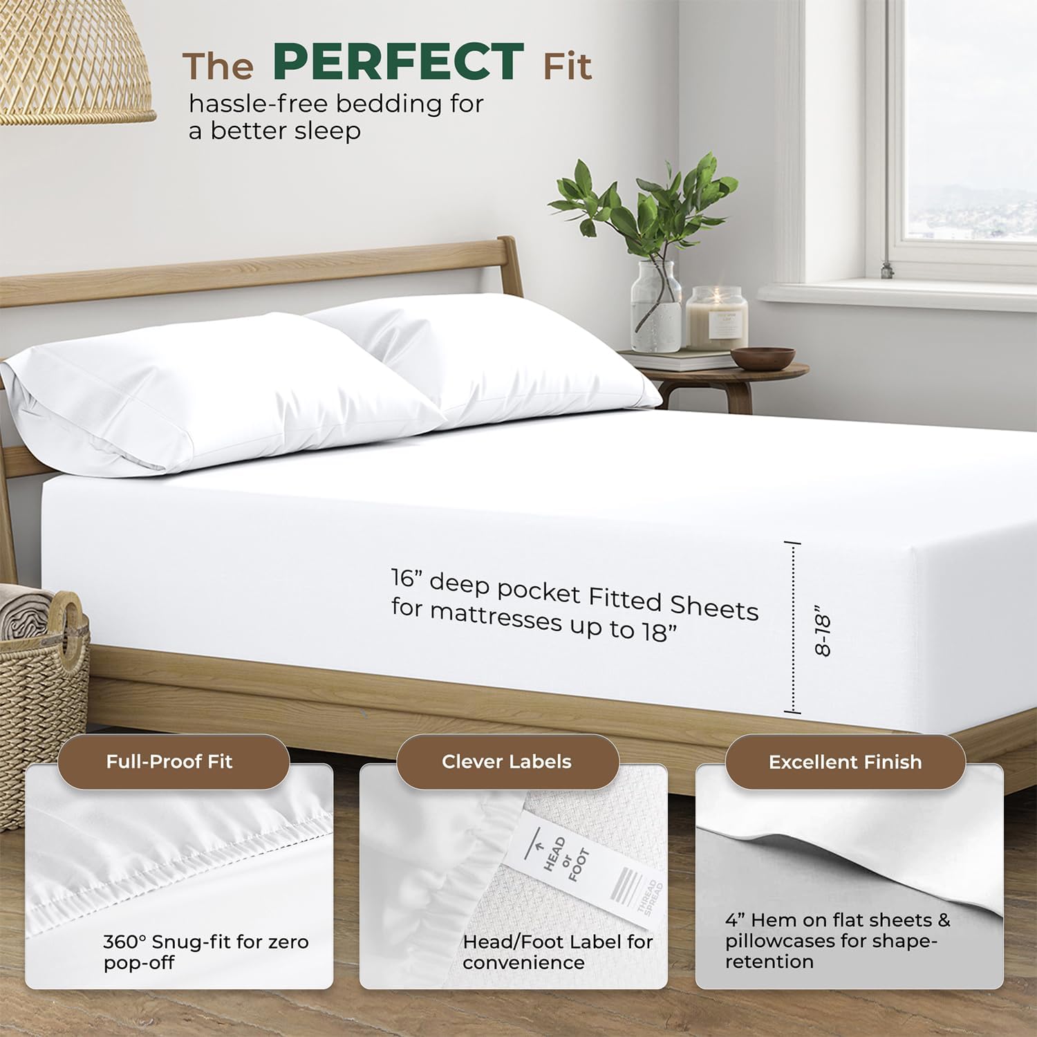 THREAD SPREAD 100% Organic Cotton Percale Sheets King Size - 4 PC White Organic Sheets King Set, Soft, Crisp & Cooling, Fully Elasticized 16" Deep Pocket Hotel Bedsheet Set - GOTS Certified