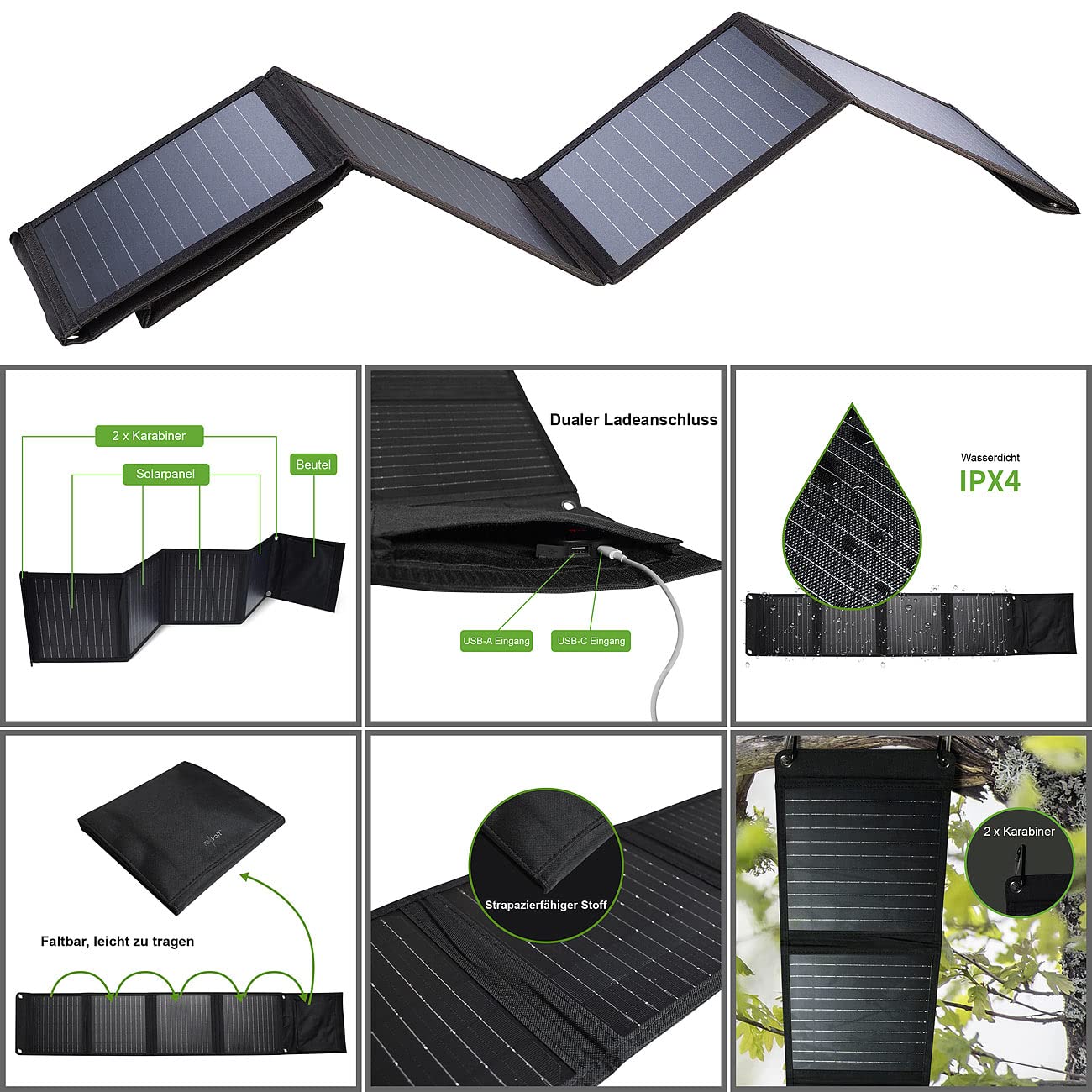 revolt Faltbares Solarpanel: 28-Watt-Solar-Ladegerät mit 2 USB-Anschlüssen (5V/4,8A), faltbar, IPX4 (Solartasche, Solarpanel Camping, Kfz)
