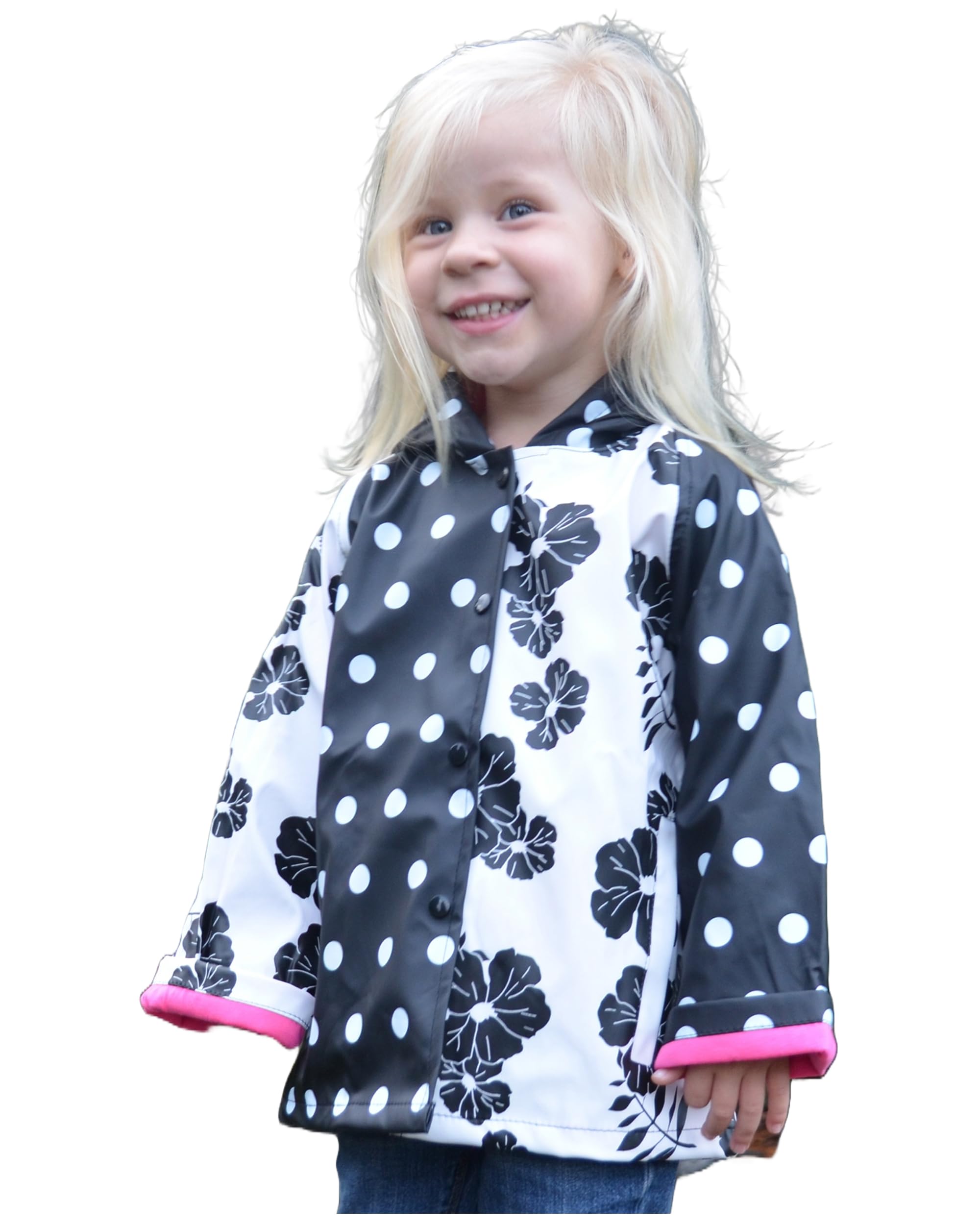 Foxfire for Kids Girls Black and White Flower and Polka Dot Raincoat 6