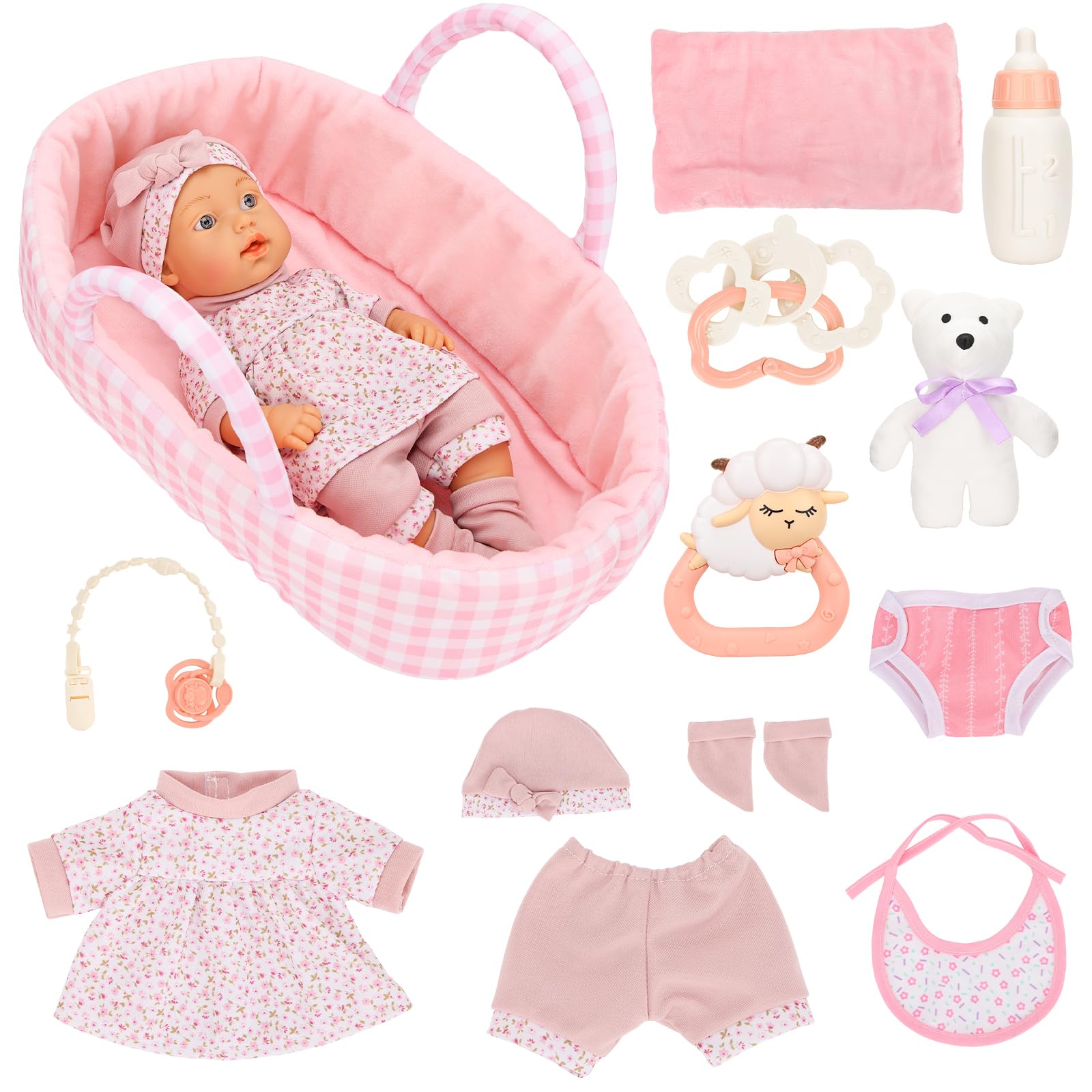 Miunana 1 Bambola Bambolotto New Born 30 CM 12 Pollici + Accessori | Bambola + Cappello + Vestito + Calze + Tasca + Pantaloncino + Bambola Calmante + Coperta + Cesto Da Letto + 4 Accessori
