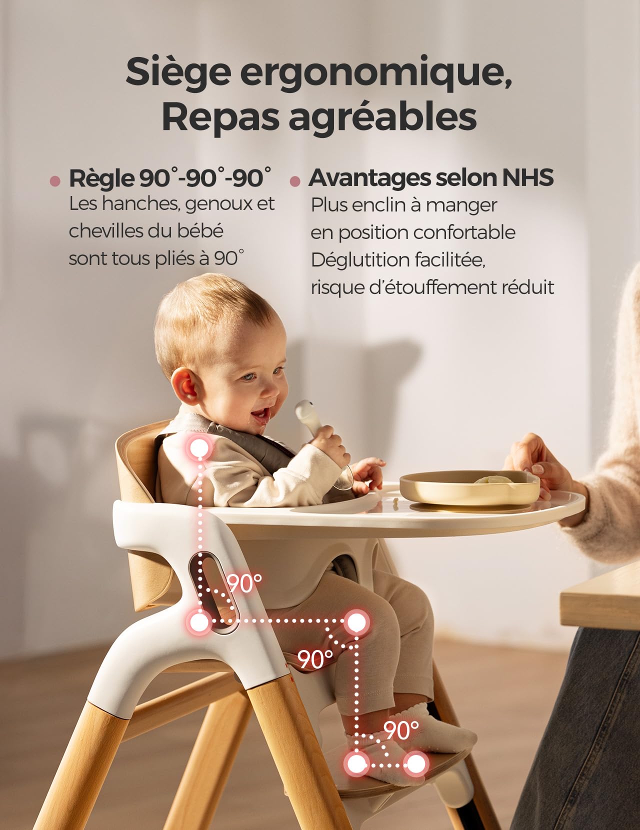 Momcozy Chaise Haute Bébé, Bois Naturel, Réglable, Convertible, Plateau | Lavable, Ergonomique, Lave-Vaisselle, Qualité Alimentaire, Repas, Sécurité, Voyage, Cadeau
