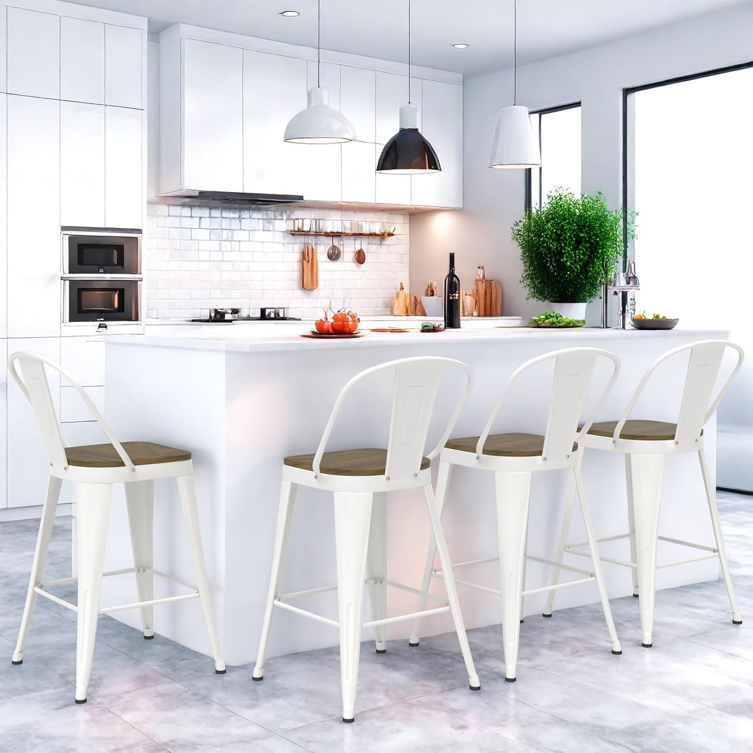 24 Inch Bar Stools Set of 4,High Back Counter Height Bar Stools with Wooden Seat, Metal Industrial barstools for Kitchen Island (White)