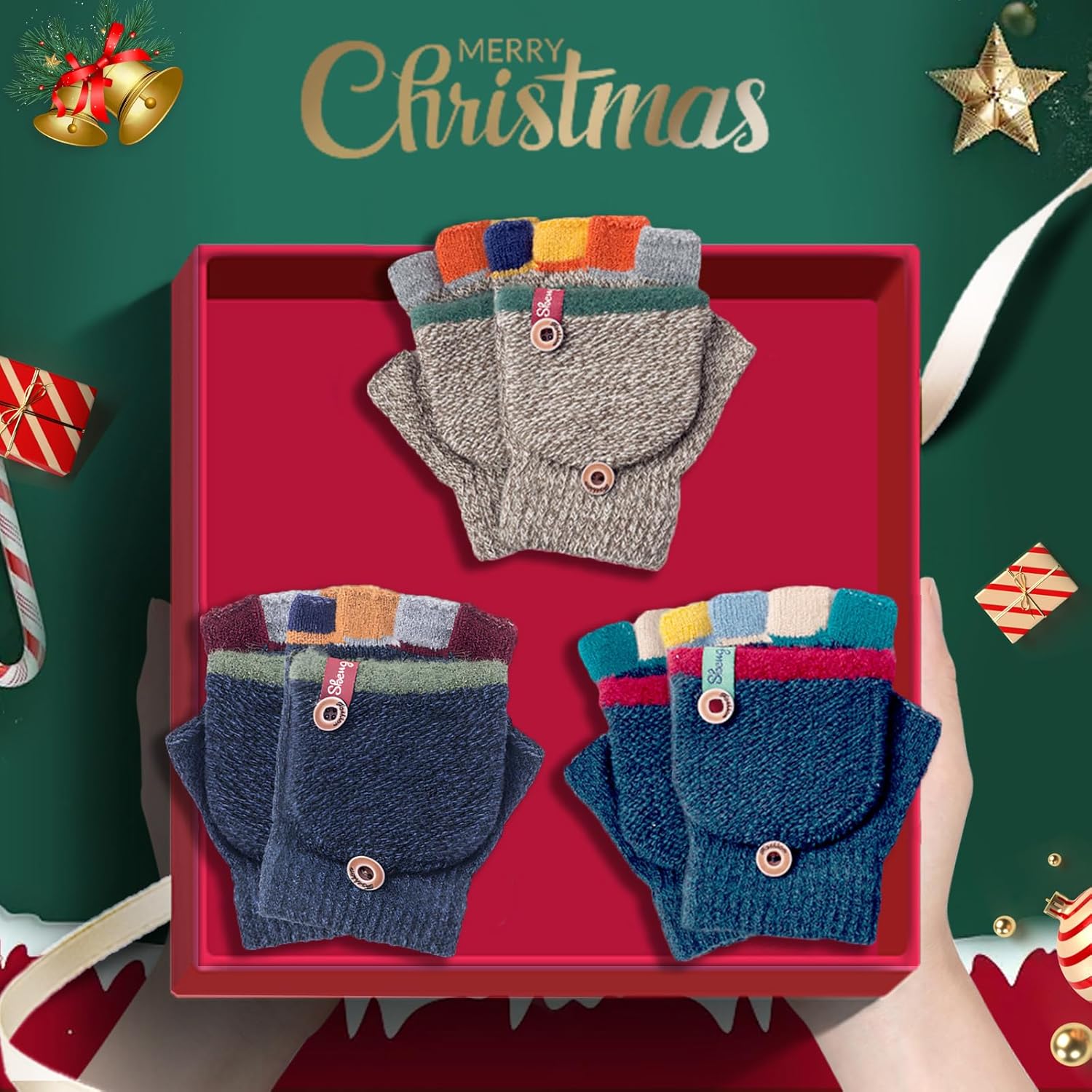 Kids Winter Gloves, Warm Knitted Convertible Fingerless Gloves for Baby Boy Girl with Mittens Cover Cap - Image 6