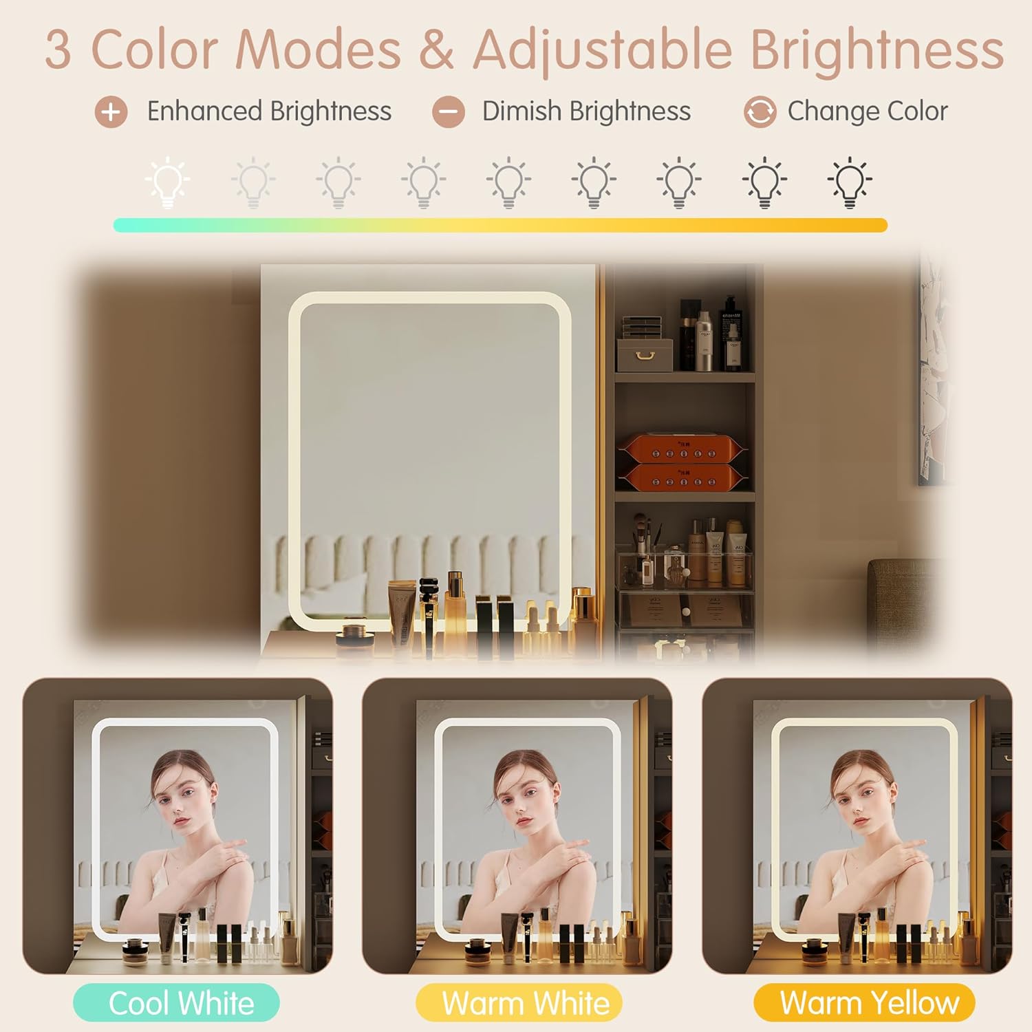 Andeworld Vanity Desk with LED Lighted Mirror&Power Outlet,3 Lighting Modes Adjustable Brightness Makeup Vanity Desk with 4 Large Drawers and 3 Storage Shelves, White Vanity with Stool for Bedroom