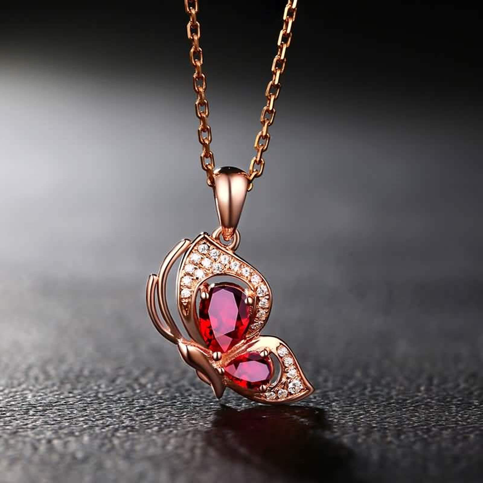 KnSam Damski łańcuszek na szyję ze złota 18 K, różowe złoto, damski łańcuszek z motylem rubin z 0,57 ct ruby różowe złoto