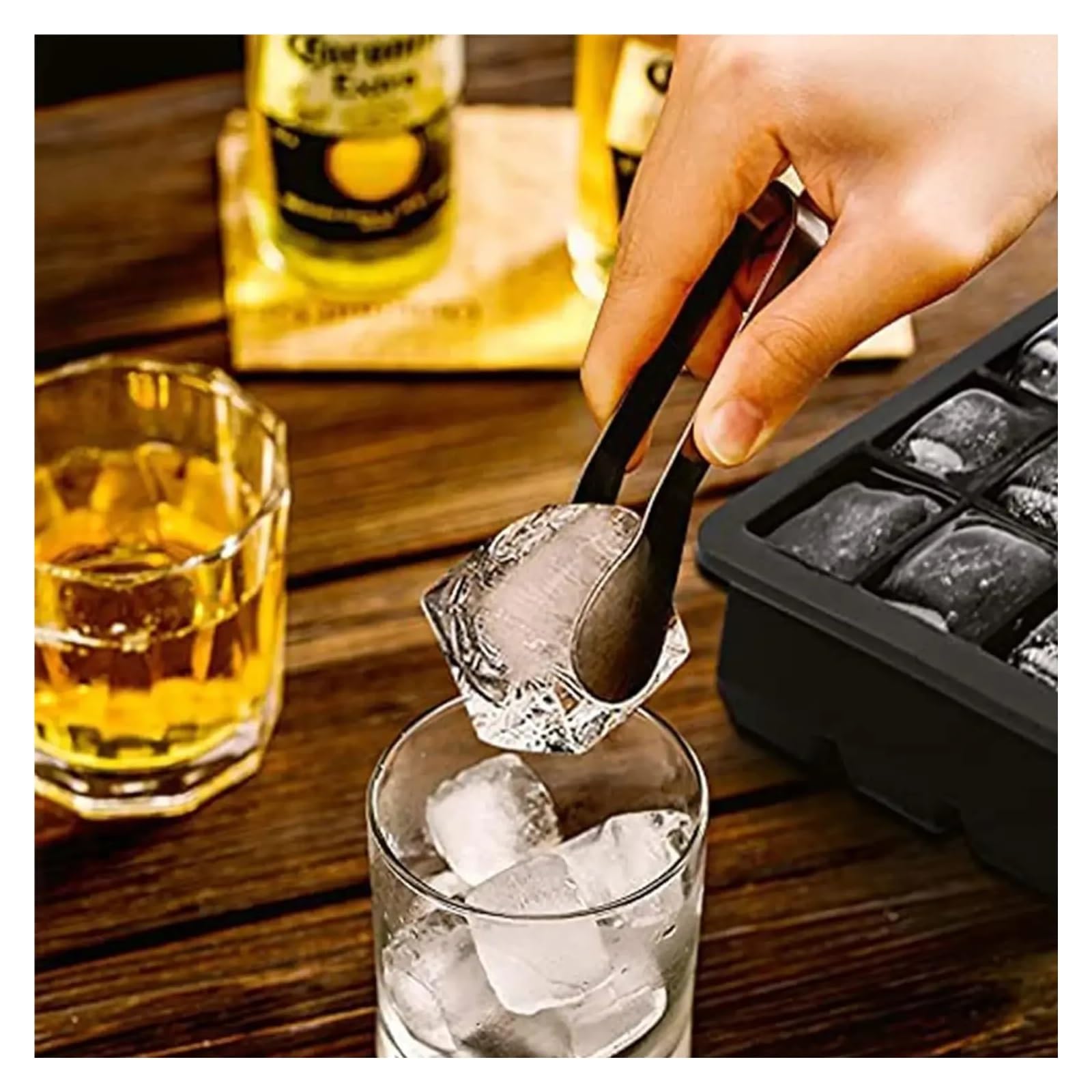 Juego de 4 bandejas de silicona for cubitos de hielo con tapas, moldes cuadrados grandes for hacer hielo, bandejas apilables flexibles for congelador for whisky y cócteles(SET 8grids)