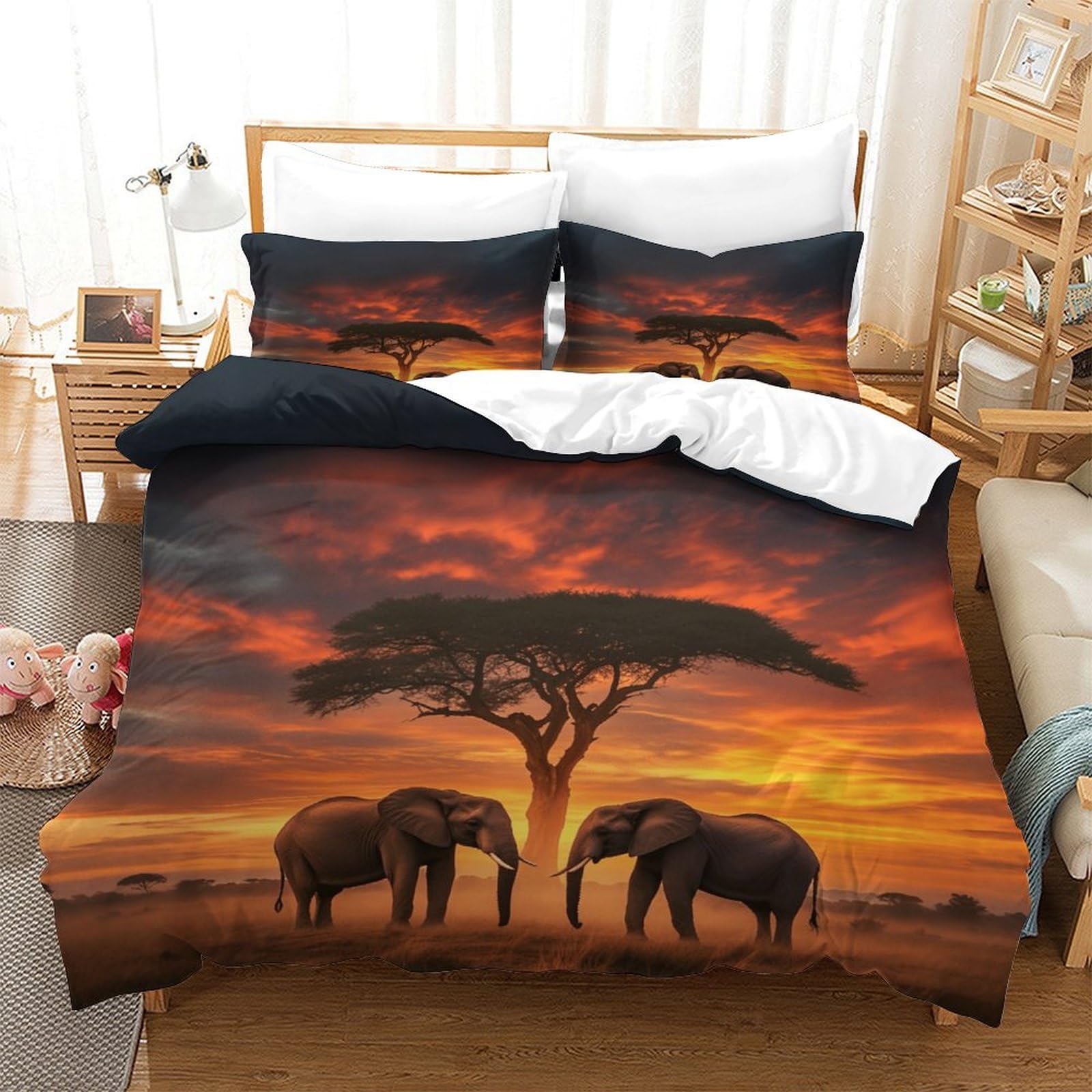 XiaopangXY Elephant Breathable Comforter Cover Hidden Zipper African Grassland Duvet Cover Set with Pillowcases Bedding Set Soft Microfiber 3D Printing Quilt Cover Set Double（200x200cm）