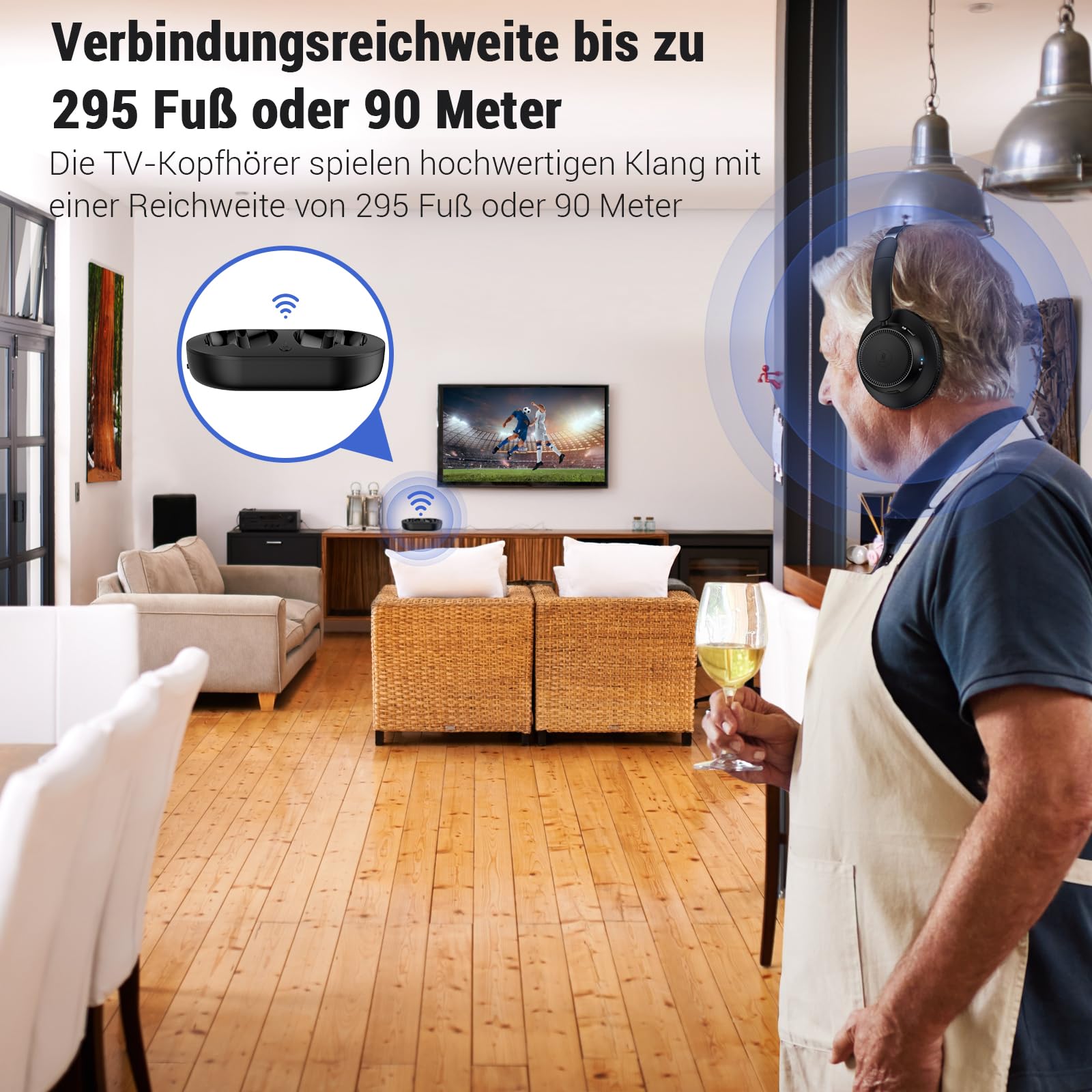 Funkkopfhörer für Fernseher, kabellose TV-Kopfhörer mit TV-Sender-Ladestation für Senioren, Hörgeschädigte, Keine Audioverzögerung, Blutooth-Kopfhörer, Plug-and-Play, Schwarz