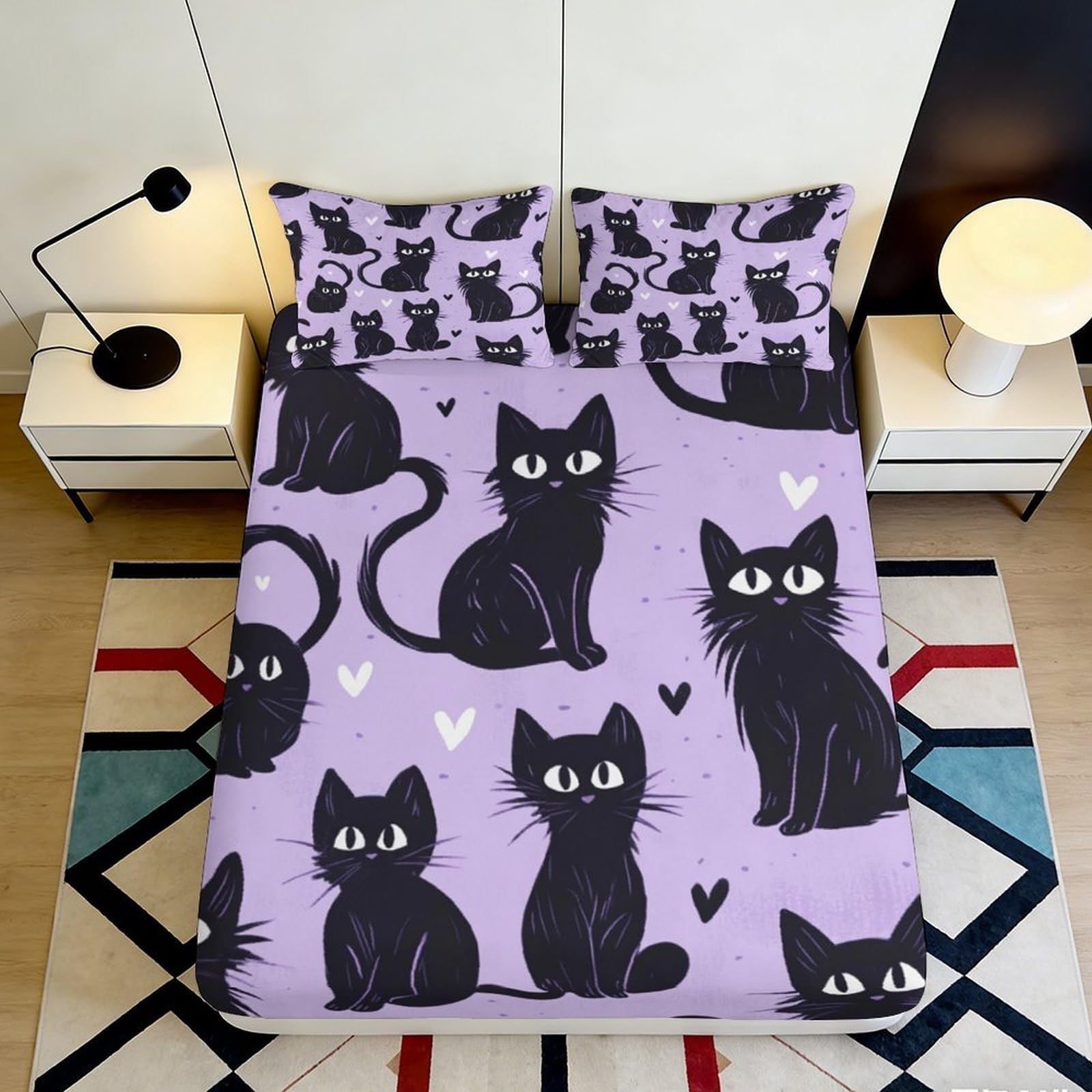 3D Printed Black Cat Fitted Sheet Microfiber Purple Cartoon Animal Bed Sheet Non-Slip Washable for Bedroom Guest Room Decor 90x200x25cm