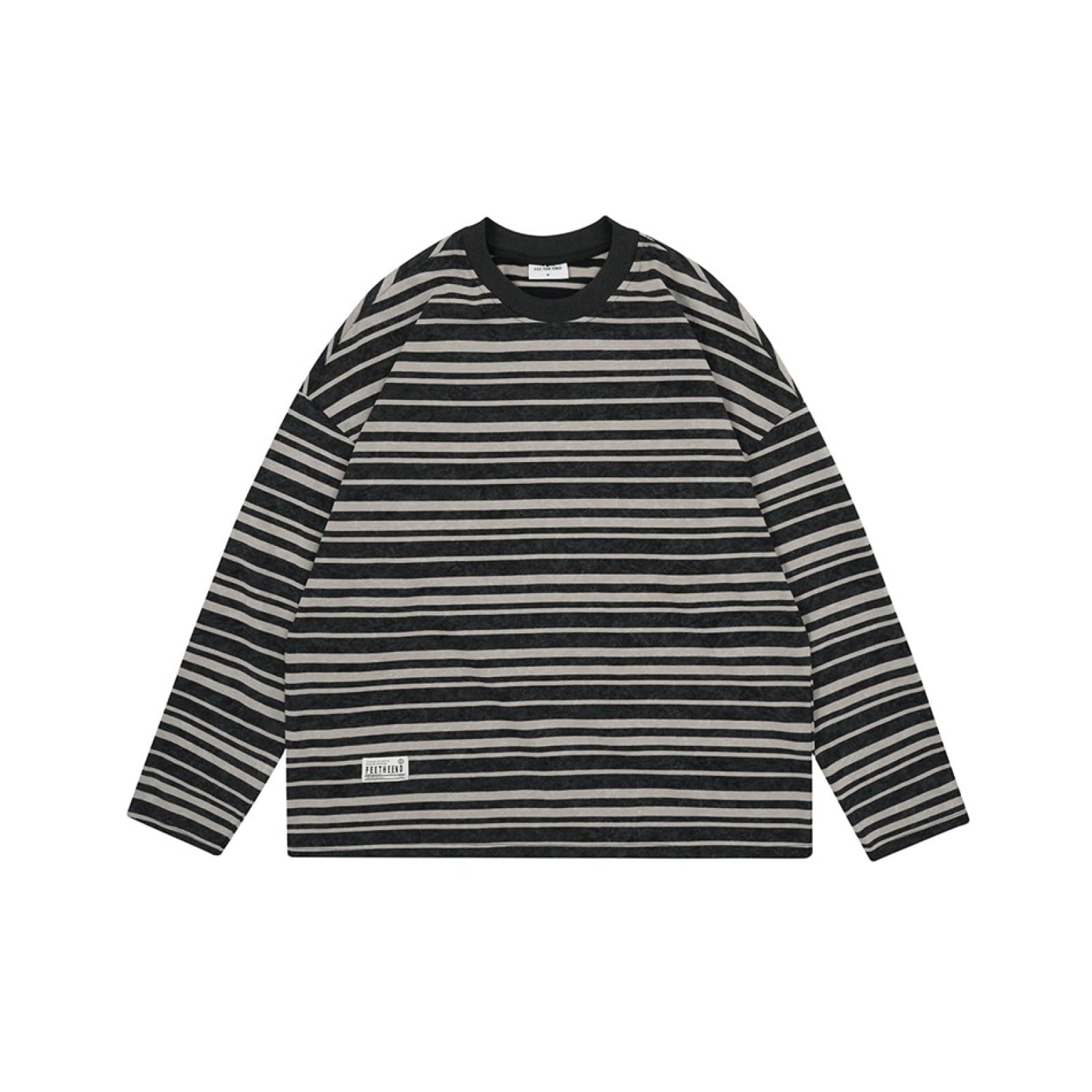 Camiseta Unisex De Algodón Pesado, Camiseta De Manga Corta Informal, Suave Y De Gran Tamaño,Básica,Camiseta A Rayas De Manga Larga, Cuello Redondo Holgado.,Negro,l