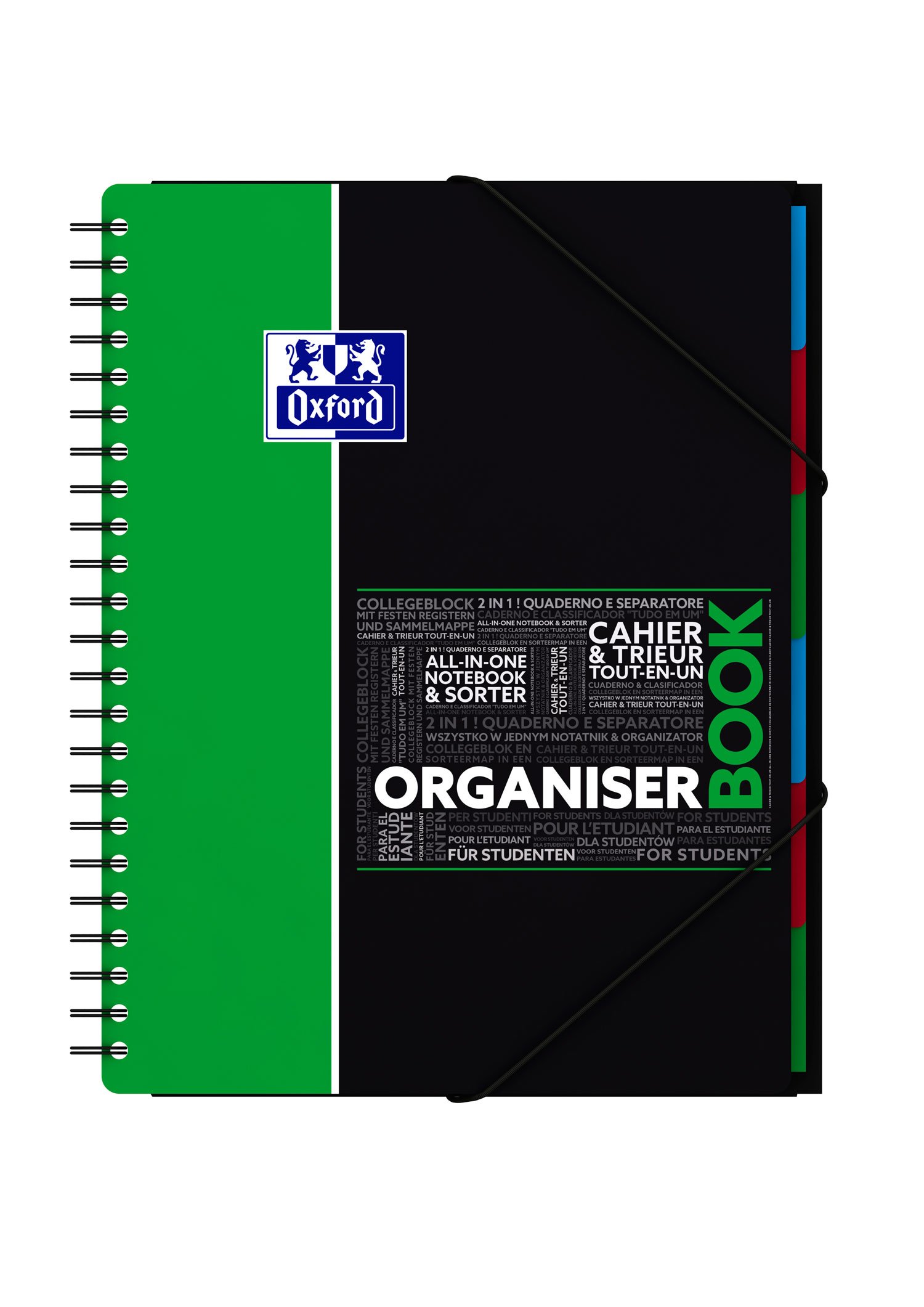 OXFORD 400037404 Organiserbook Studium 5er Pack mit 4 Farben Digitaler Collegeblock A4 liniert 80 Blatt