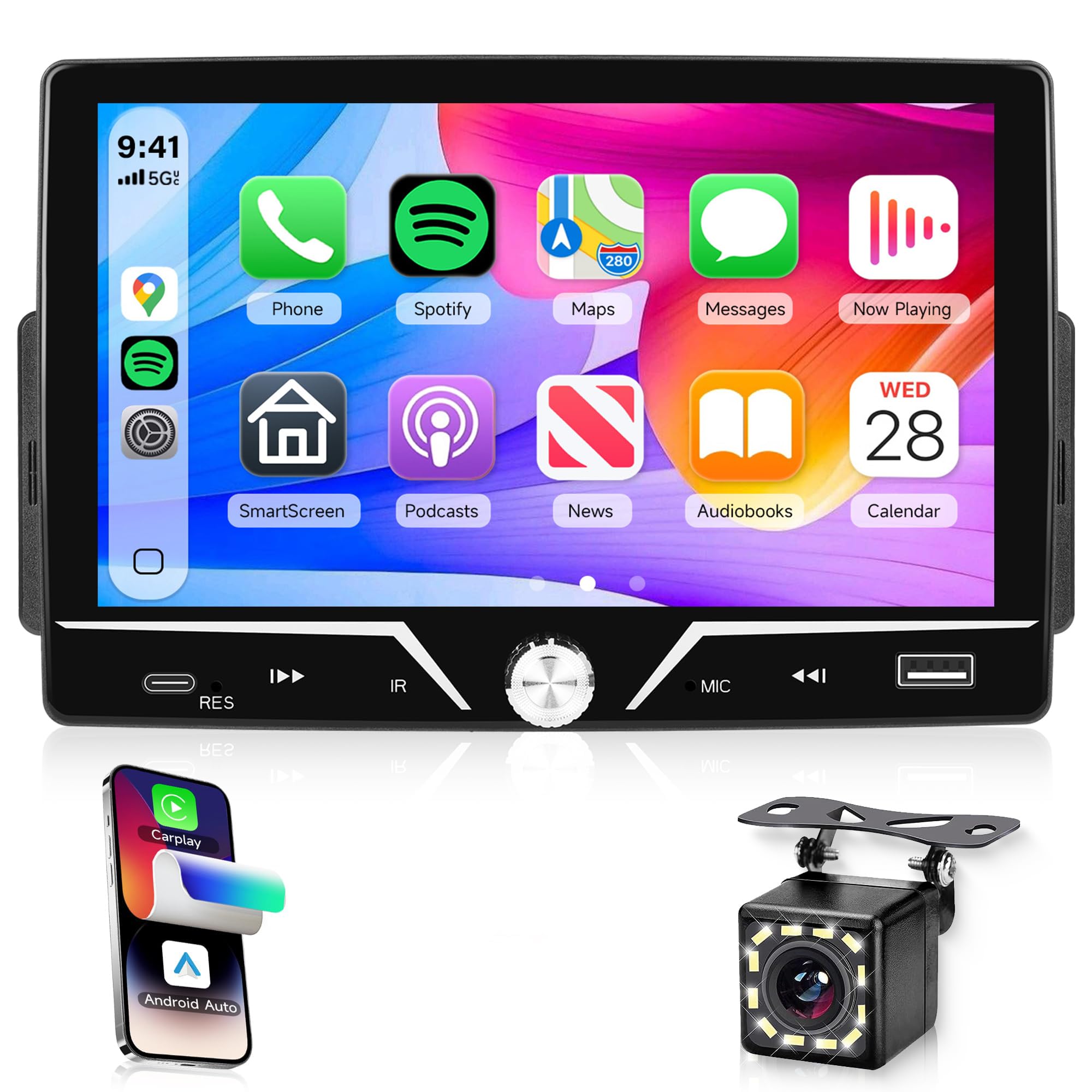 Rimoody Single Din Car Stereo Carplay Android Auto, 1 Din Radio with Bluetooth 5.0, 7" Touch Screen, Car Audio Receiver with Backup Camera, EQ, Steering Wheel Control, USB &Type-C, FM, Mirror Link