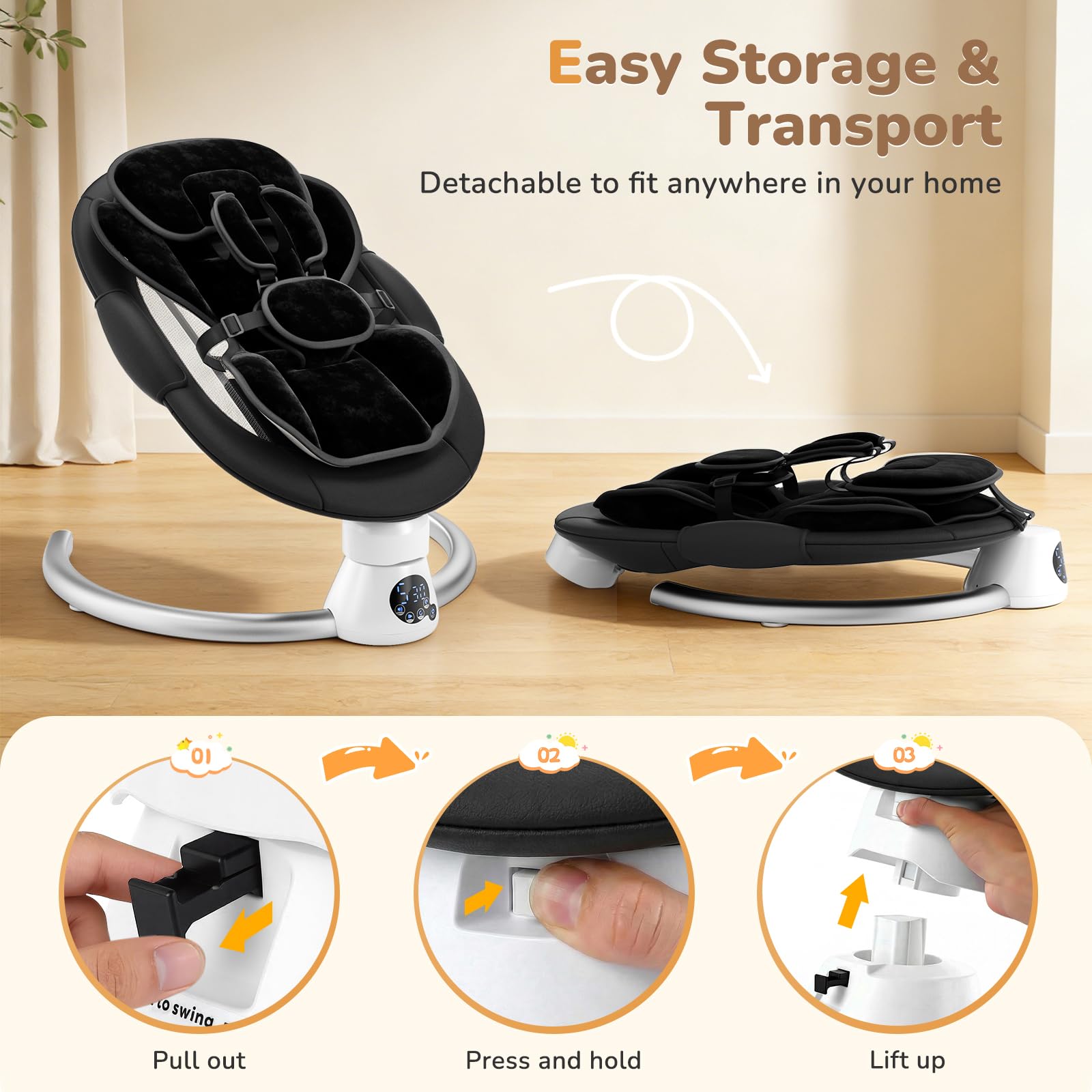 Hamaca Eléctrica para Bebé con Mando a Distancia y App,Mecedora con 5 Velocidades de Balanceo,3 Temporizadores,Arnés de 5 Puntos,2 Posiciones del Asiento,Silla Mecedora para 0-9 kg de Bebé-Negro